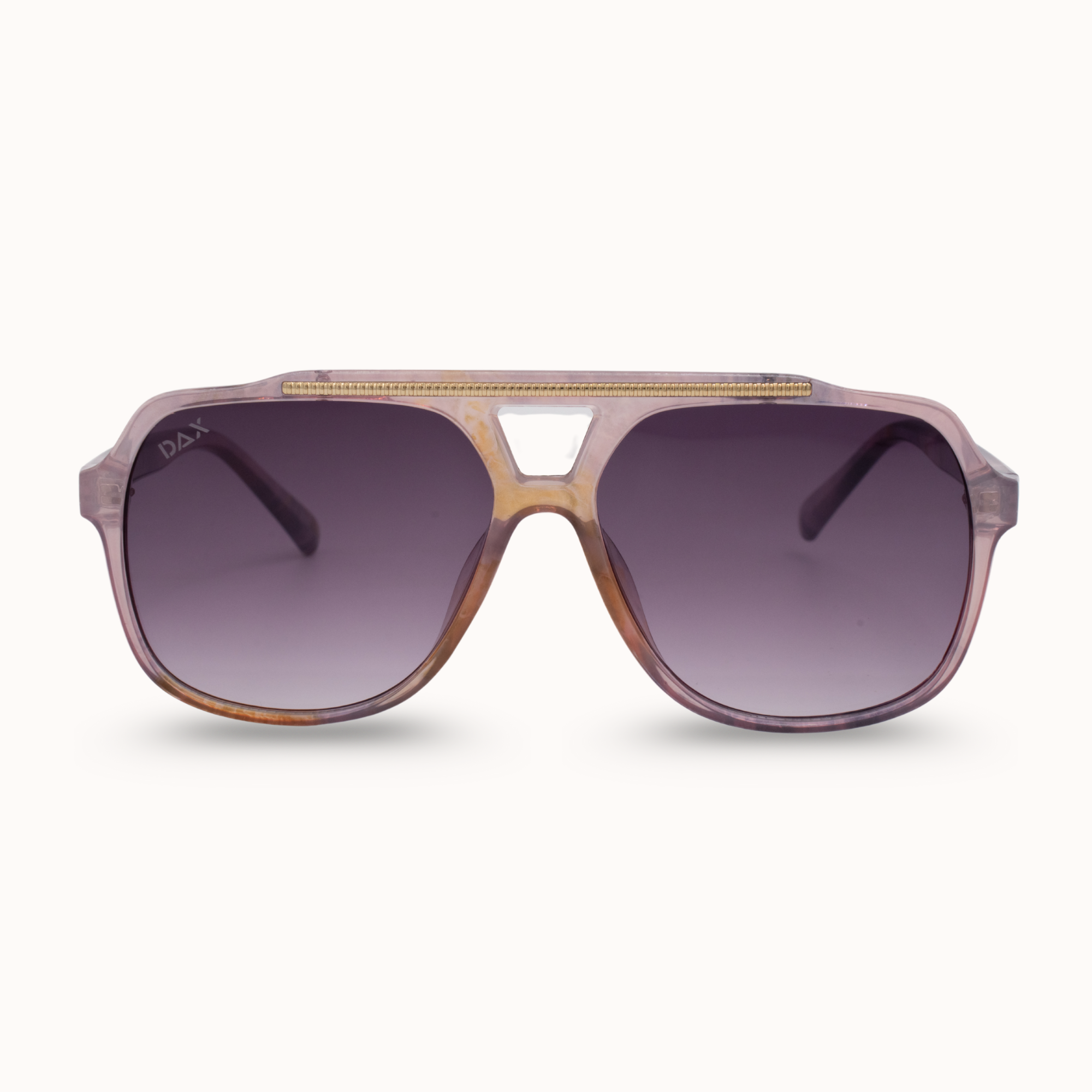 Sunglasses with a gradient purple lens on a white background