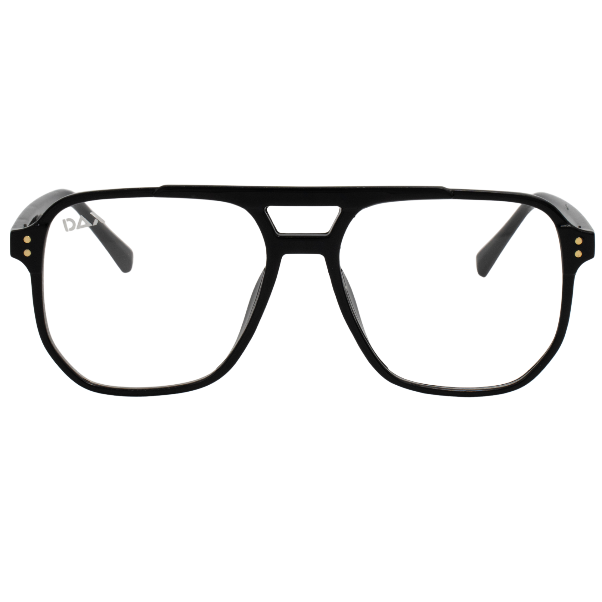 Black eyeglasses with gold accents on a white background