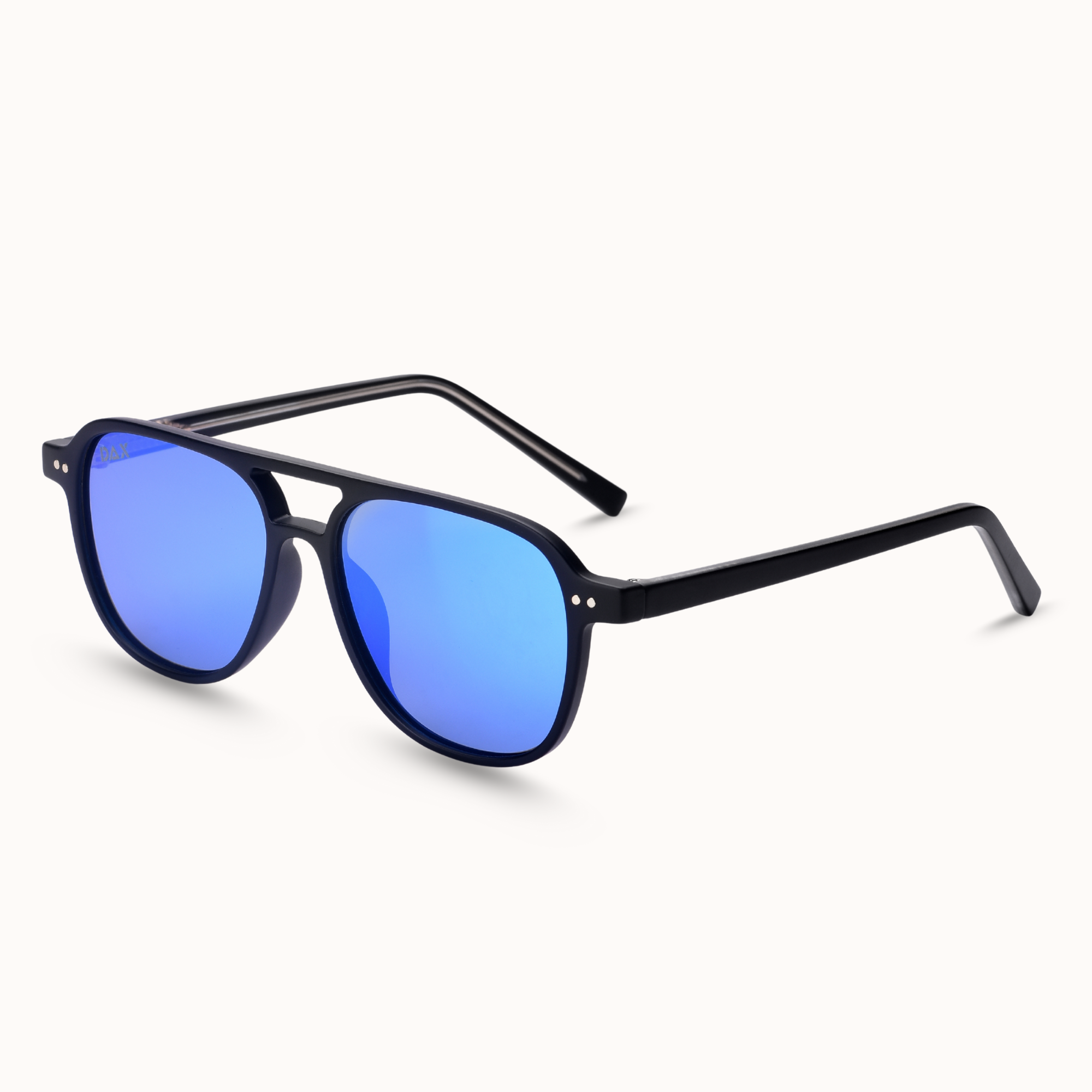 Sunglasses with blue lenses and black frame on a white background