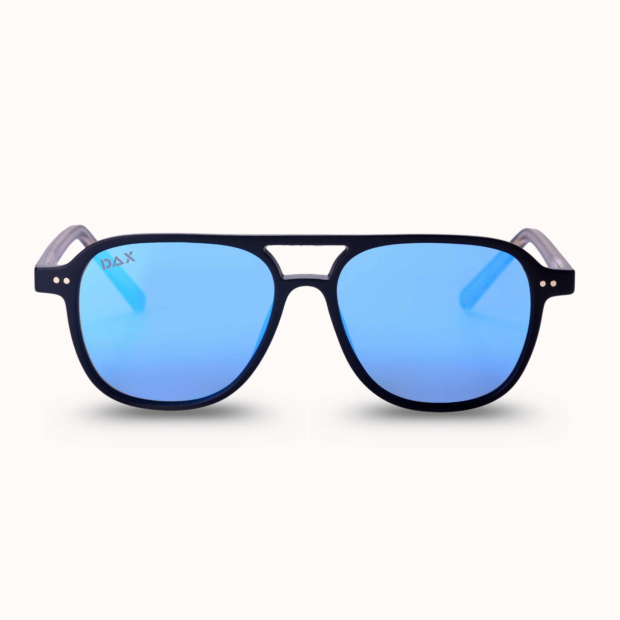Sunglasses with blue lenses and black frame on a white background