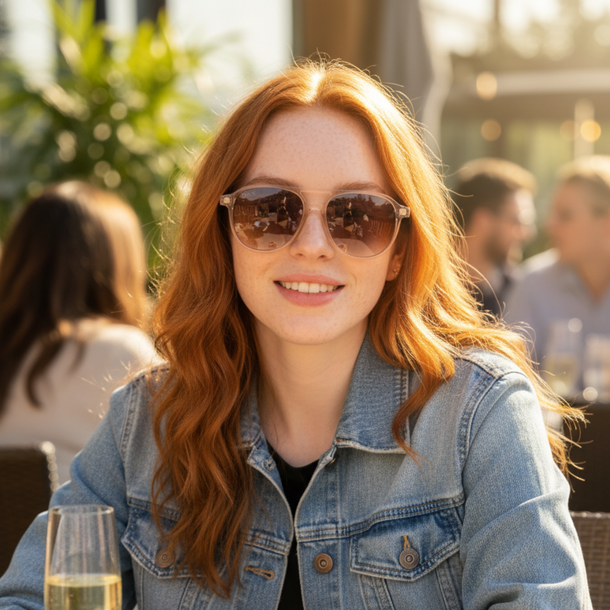 Woman with sunglasses and denim jacket sitting outdoors with a glass of champagne.