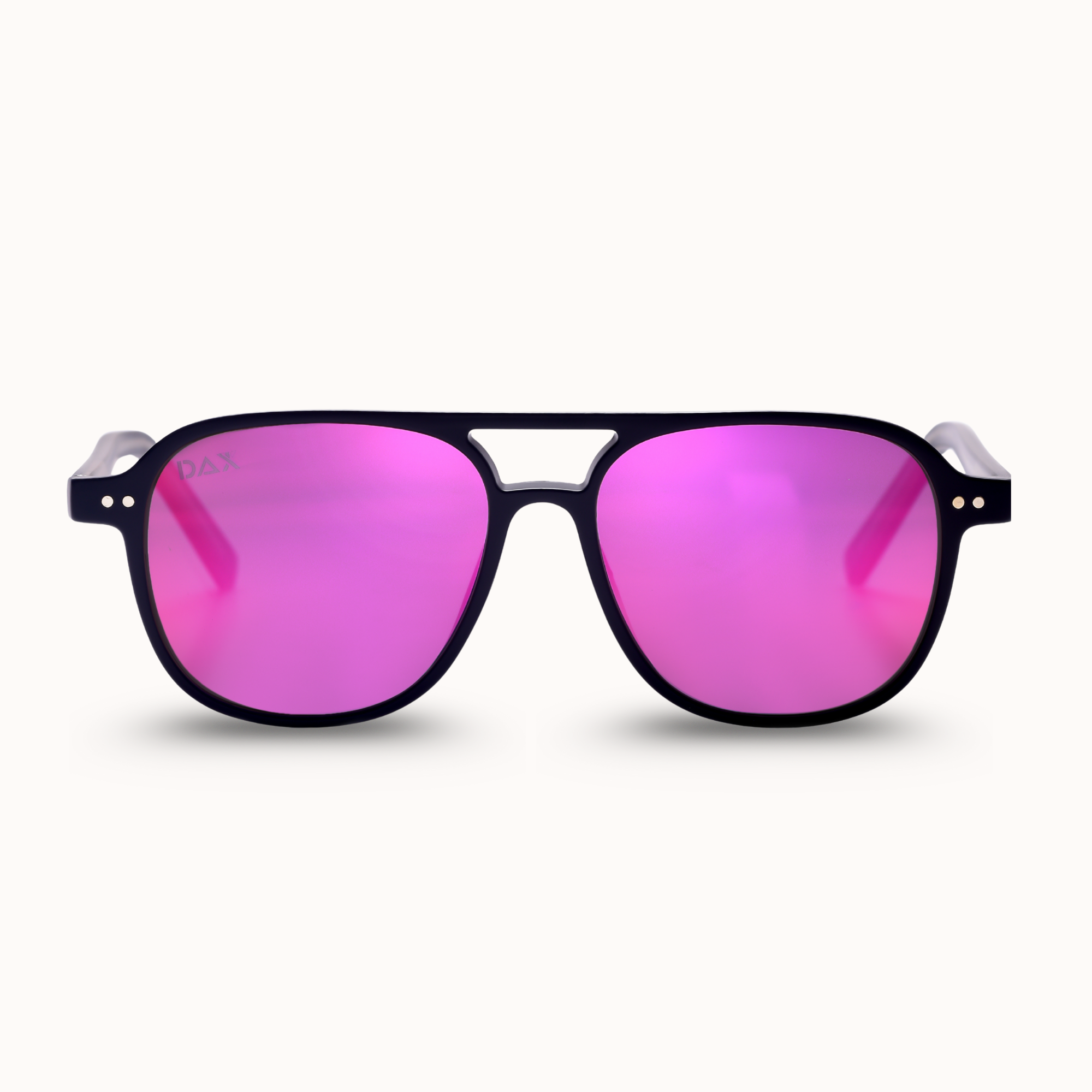 Sunglasses with pink lenses and black frame on a white background
