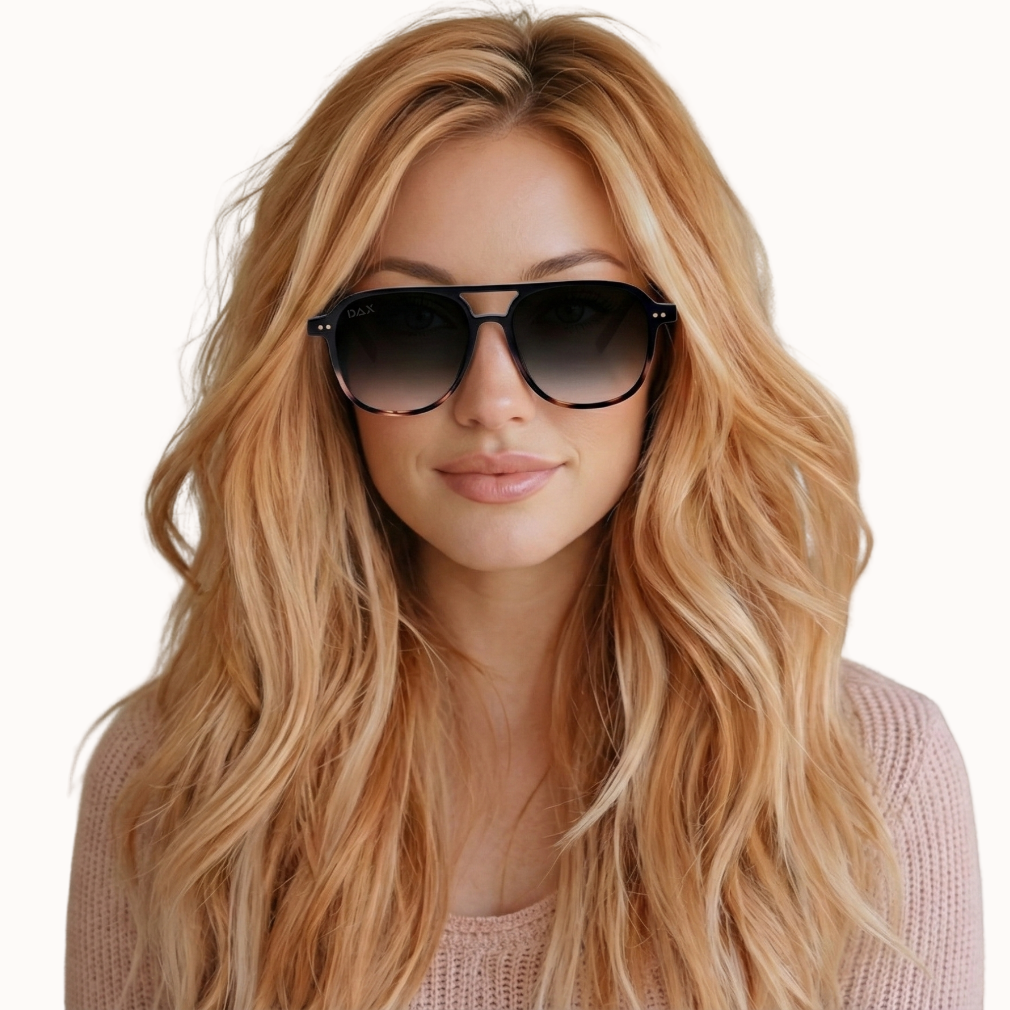 Woman wearing sunglasses with a plain background