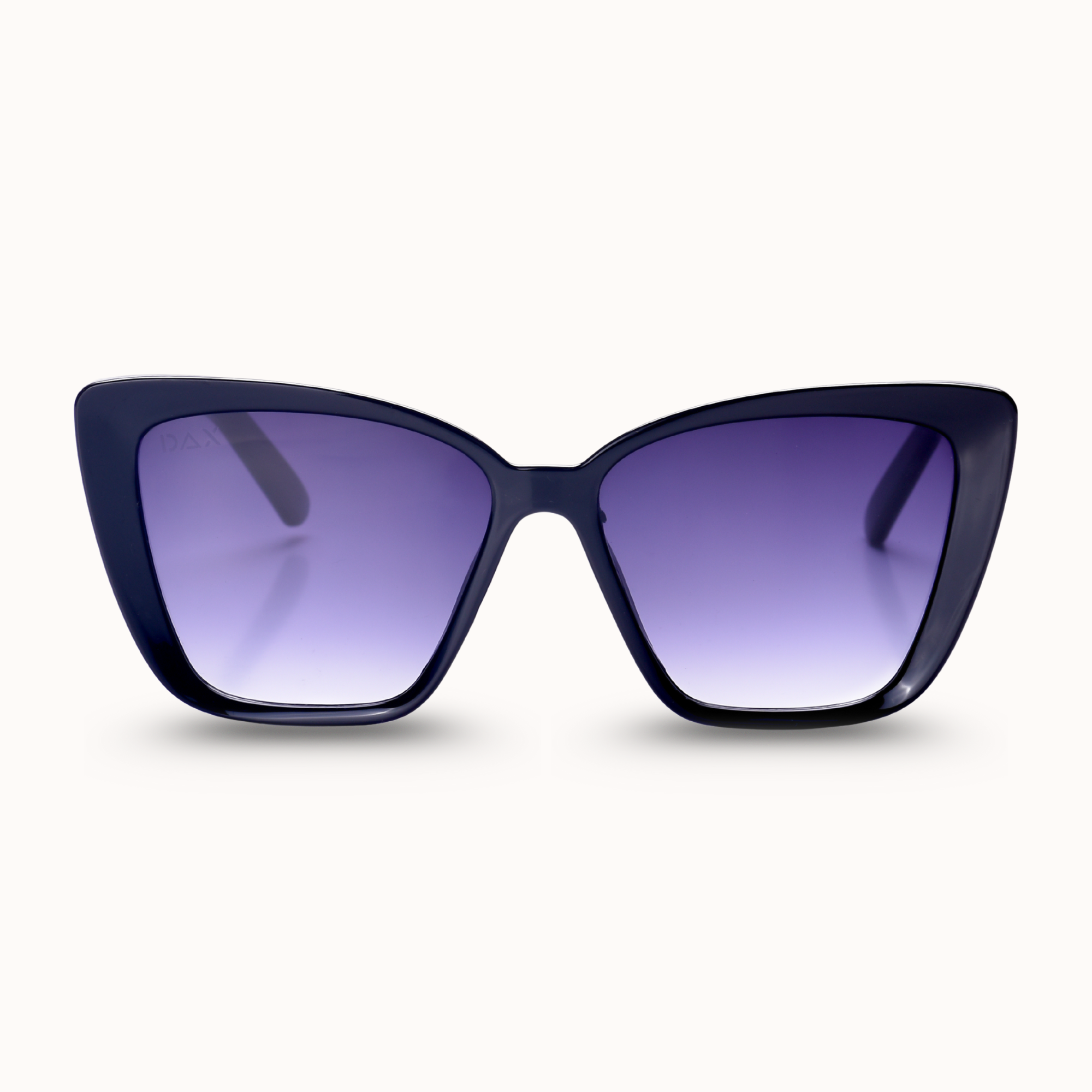 Black cat-eye sunglasses with purple gradient lenses on a white background