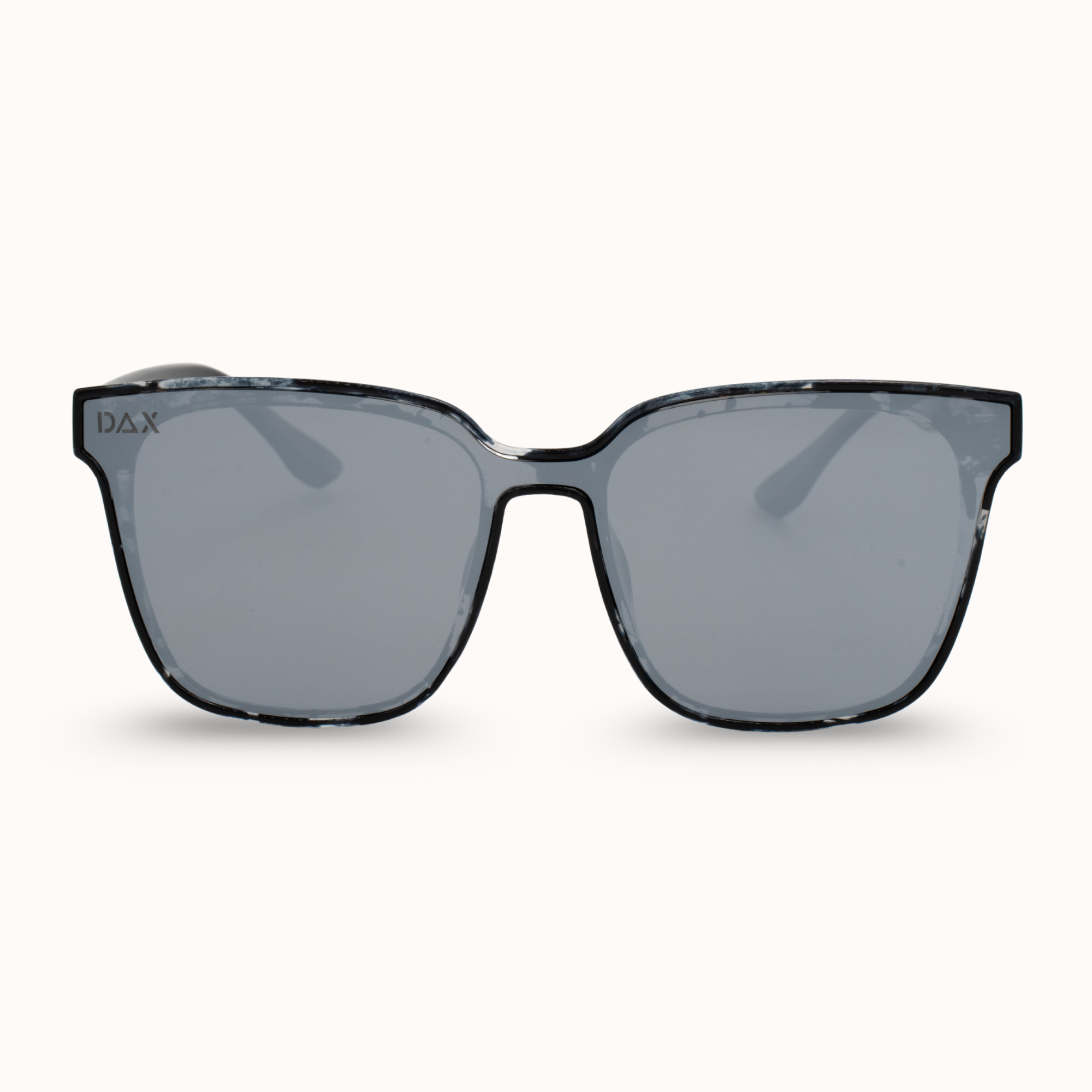 Sunglasses with a black frame and dark lenses on a white background