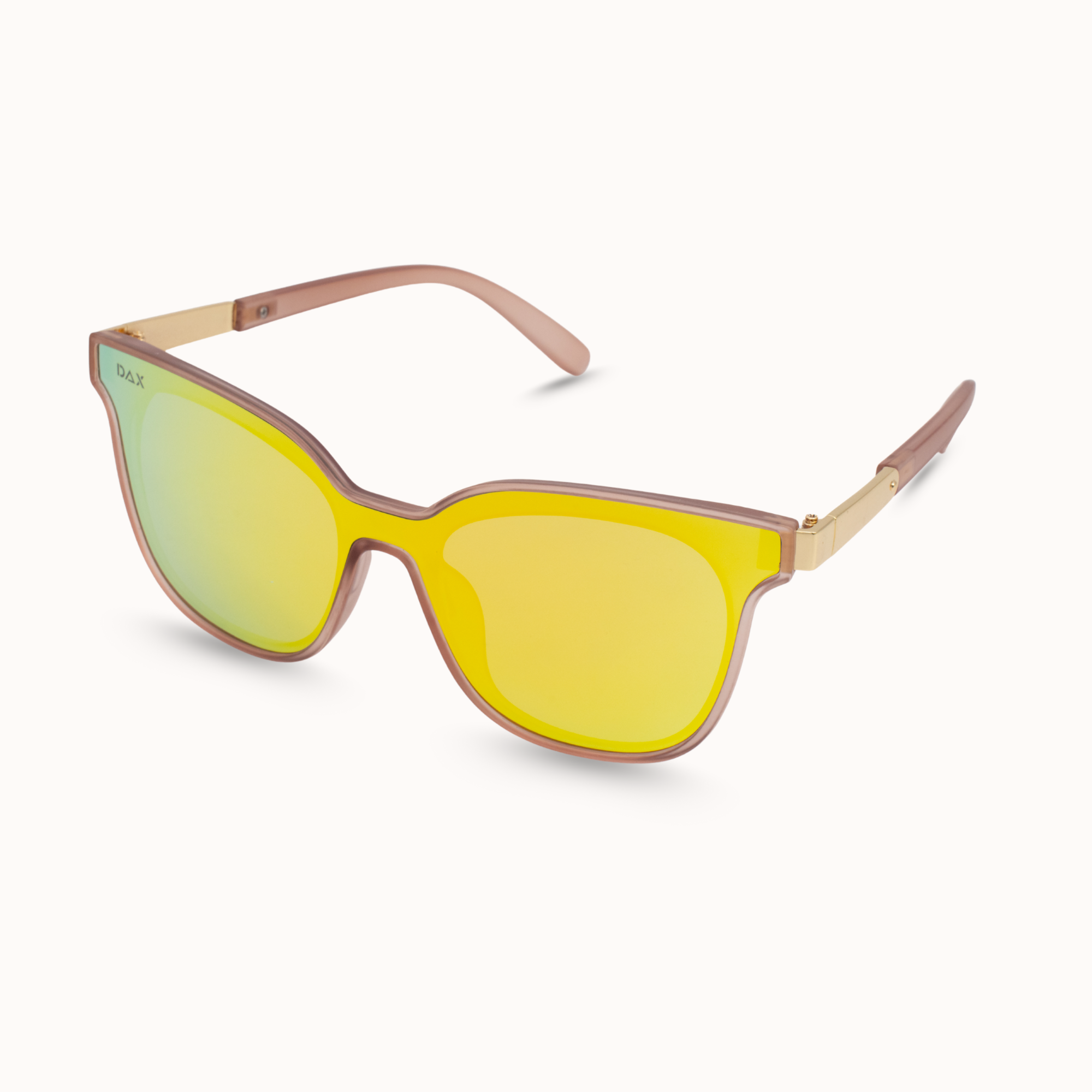 Sunglasses with yellow lenses and gold frame on a white background