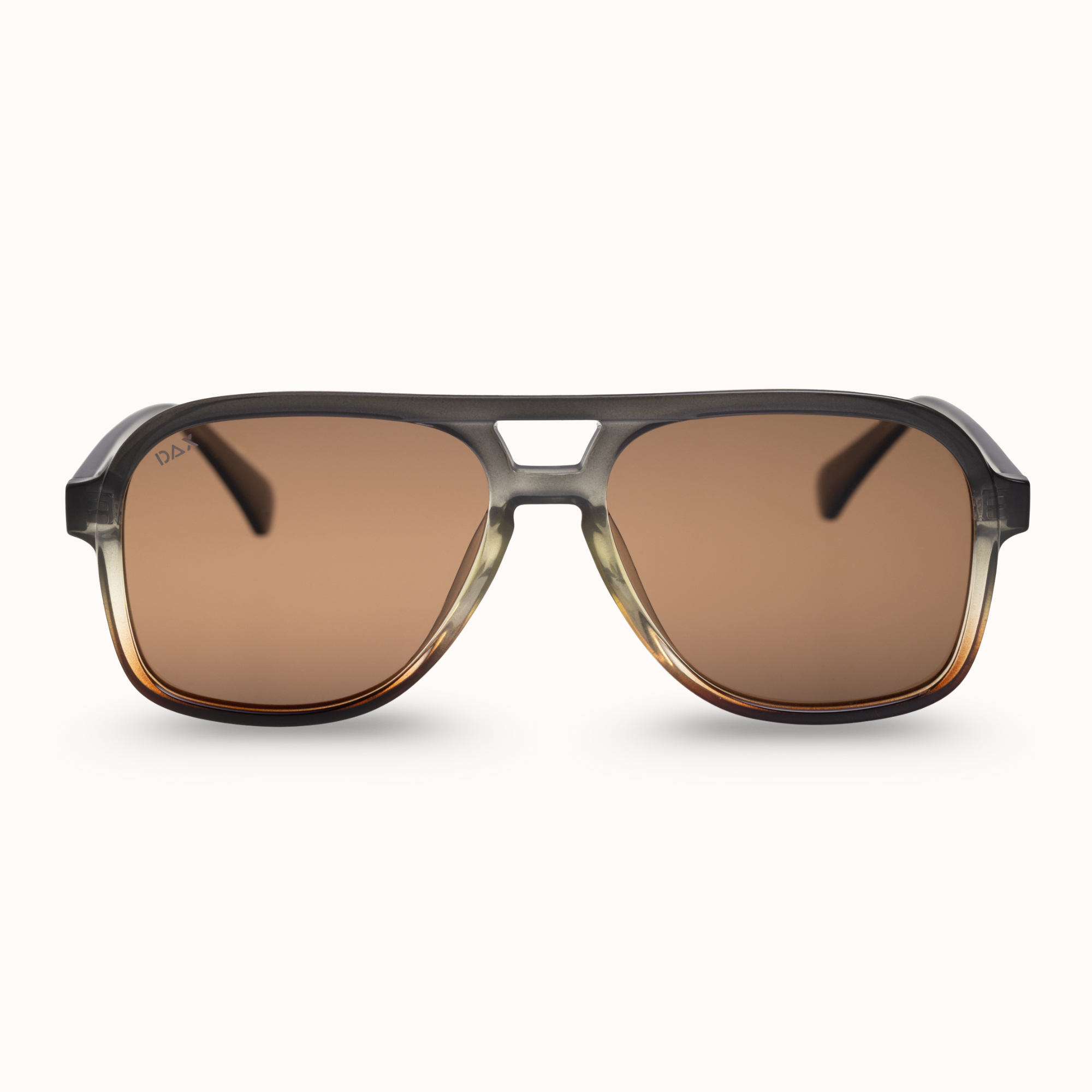 Sunglasses with brown lenses and black frame on a white background