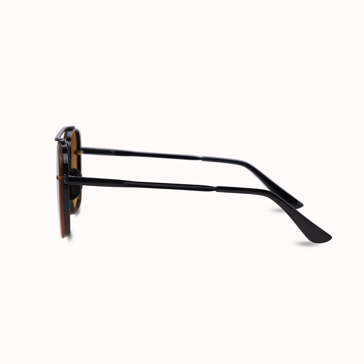 A pair of square-frame sunglasses with a black acetate frame and dark purple tinted lenses, shown from a side profile view on a light cream background.