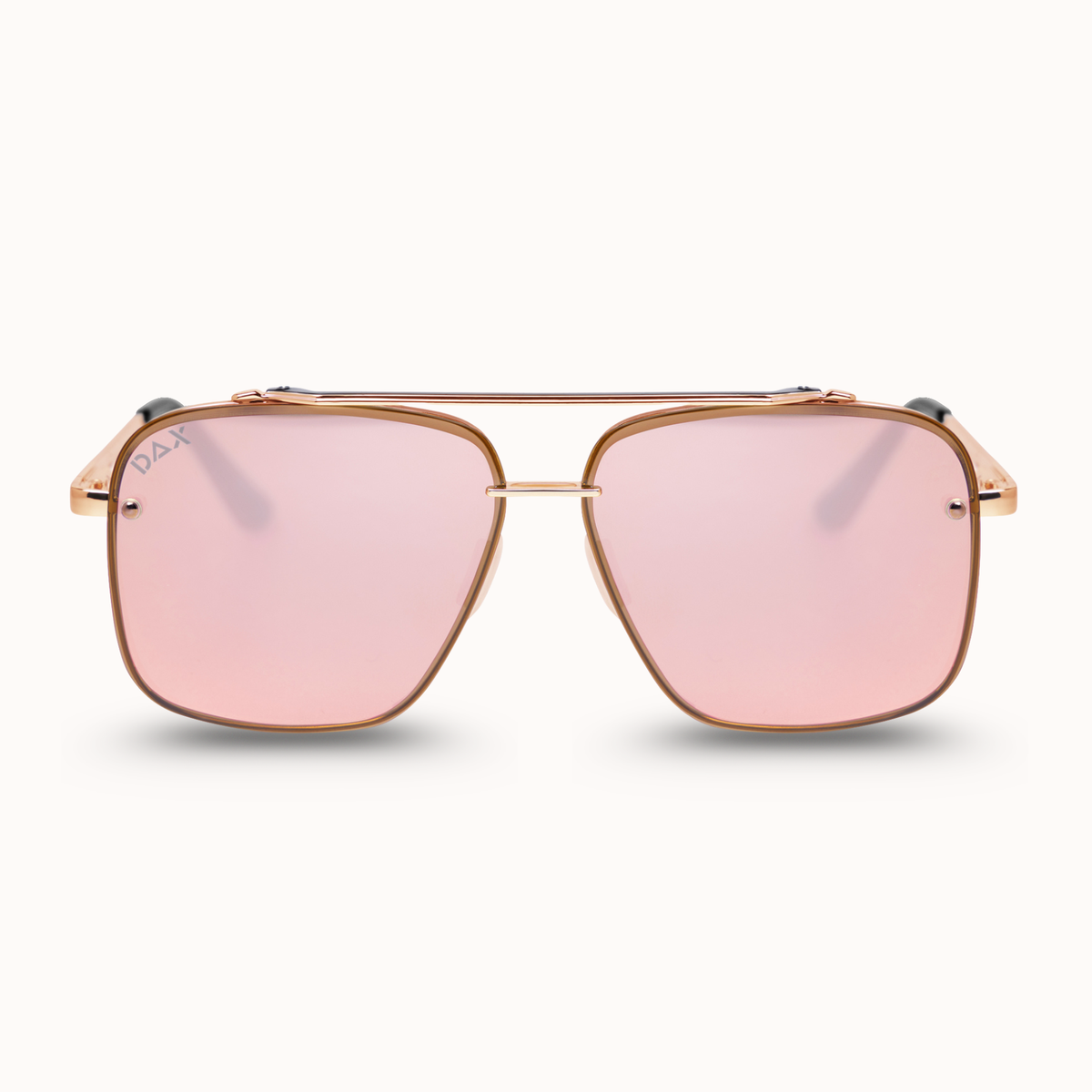 Aviator-style sunglasses with a rose gold metal frame and pink mirrored lenses, shown against a clean off-white background.