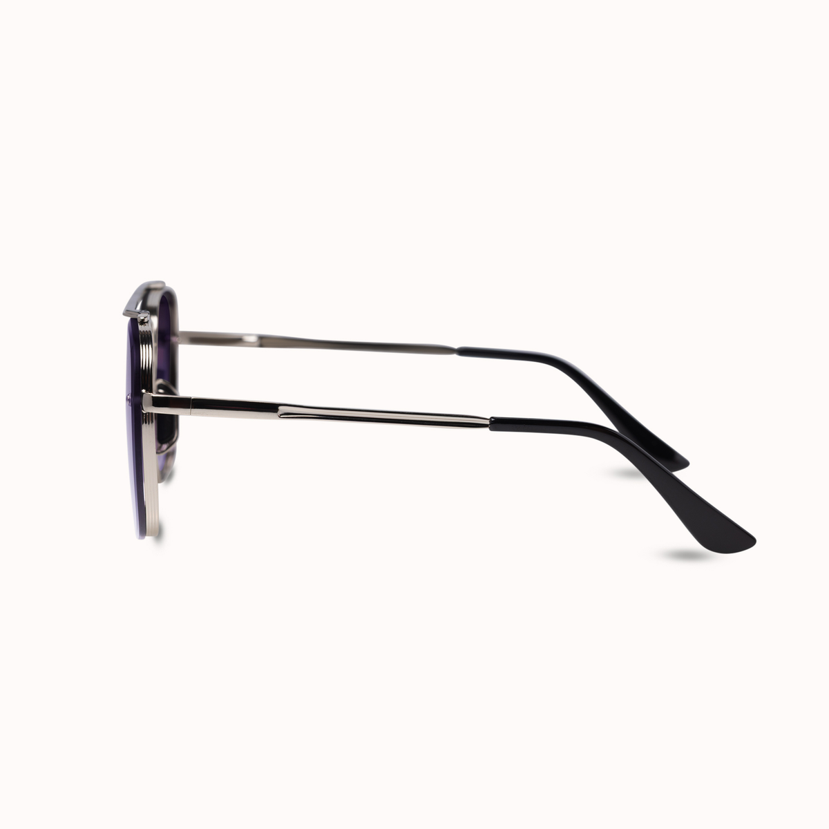 A pair of black acetate sunglasses with dark lenses, shown from a side profile view on a clean white background.