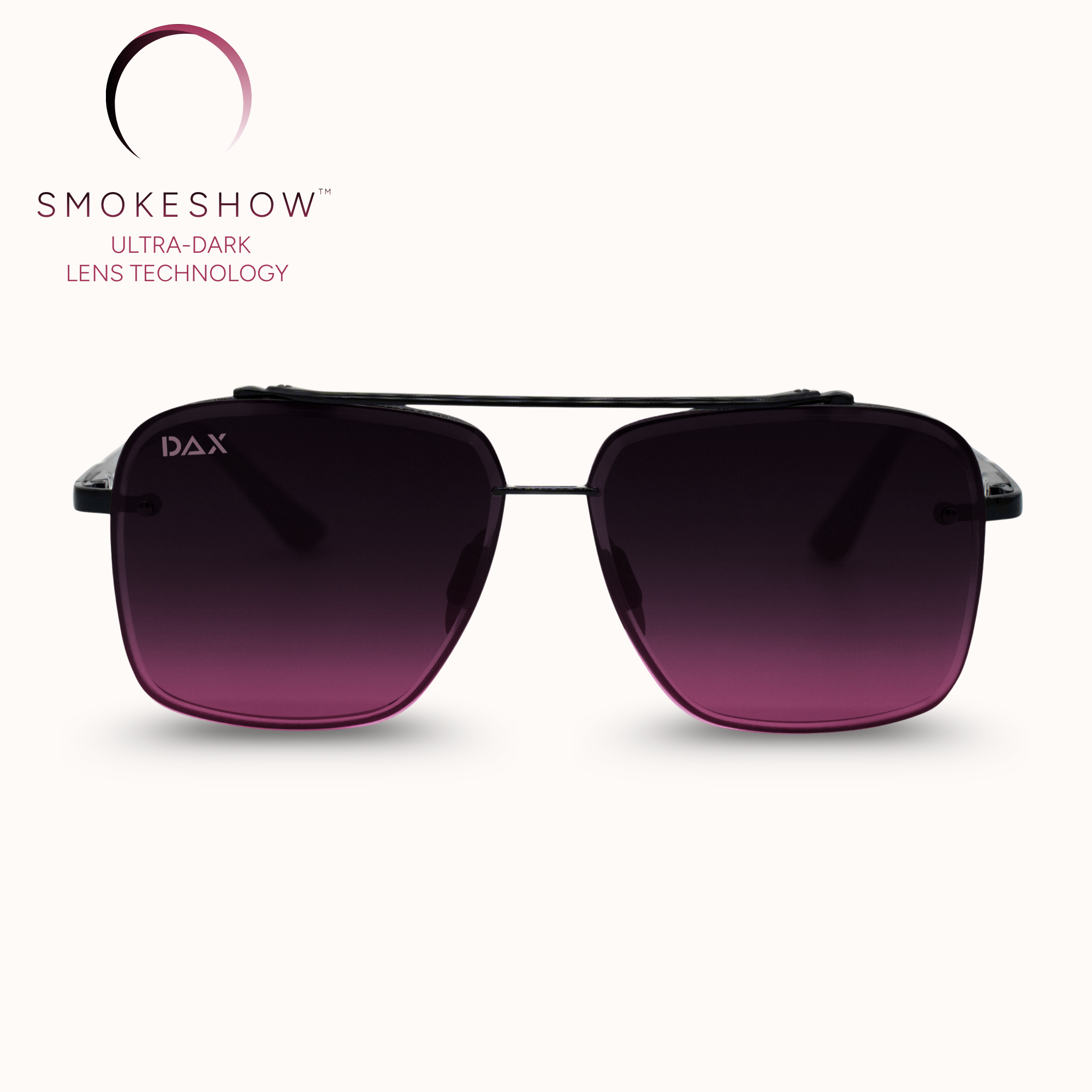 Sunglasses with purple gradient lenses on a white background, featuring the DAX brand.