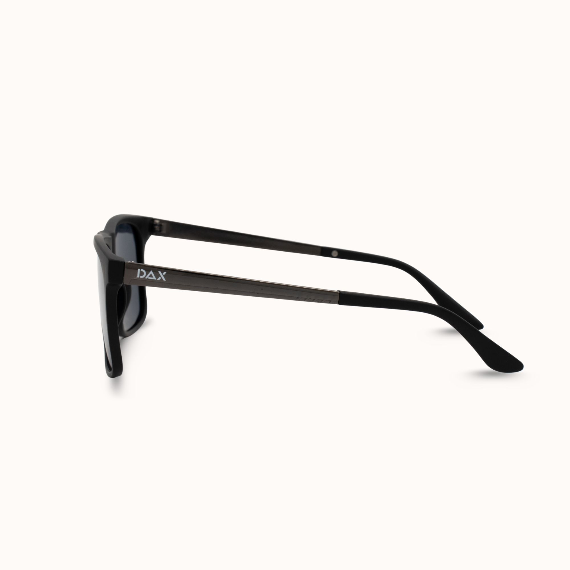 Black sunglasses with 'DAX' branding on a white background