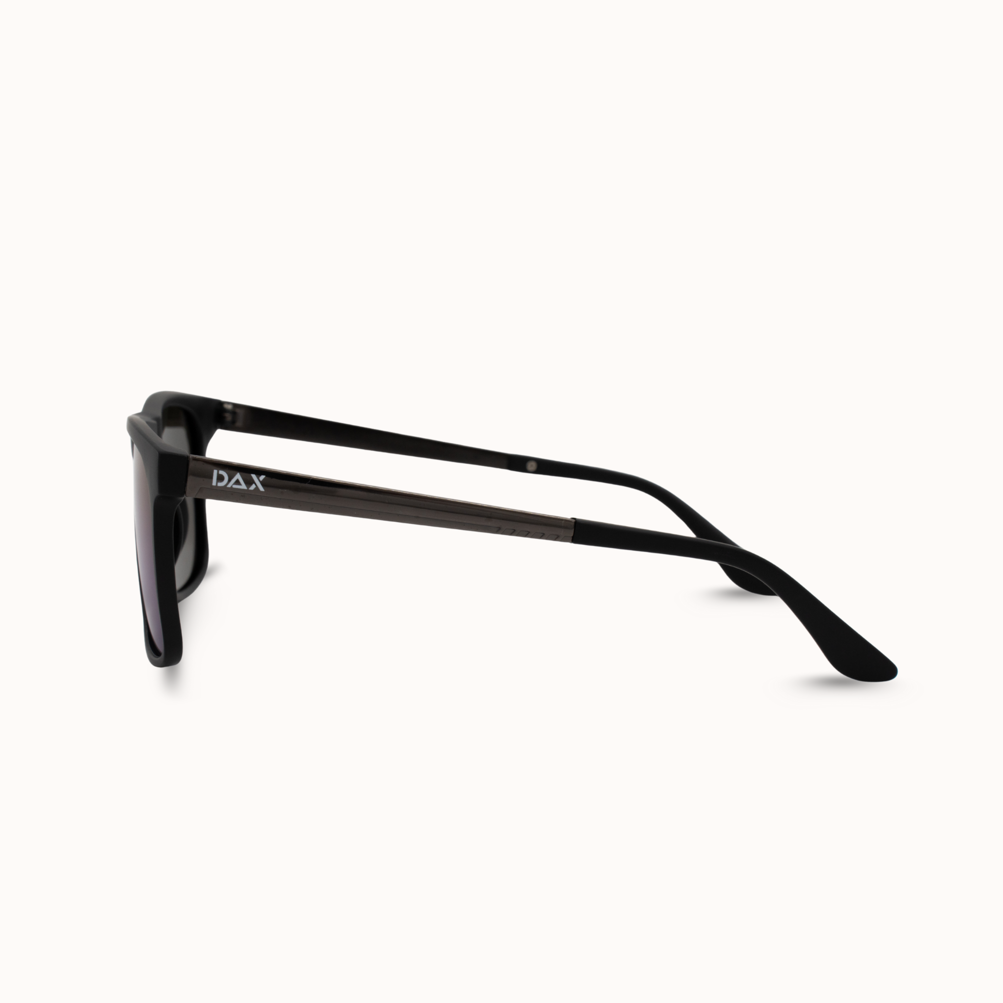 Black sunglasses with 'DAX' branding on a white background