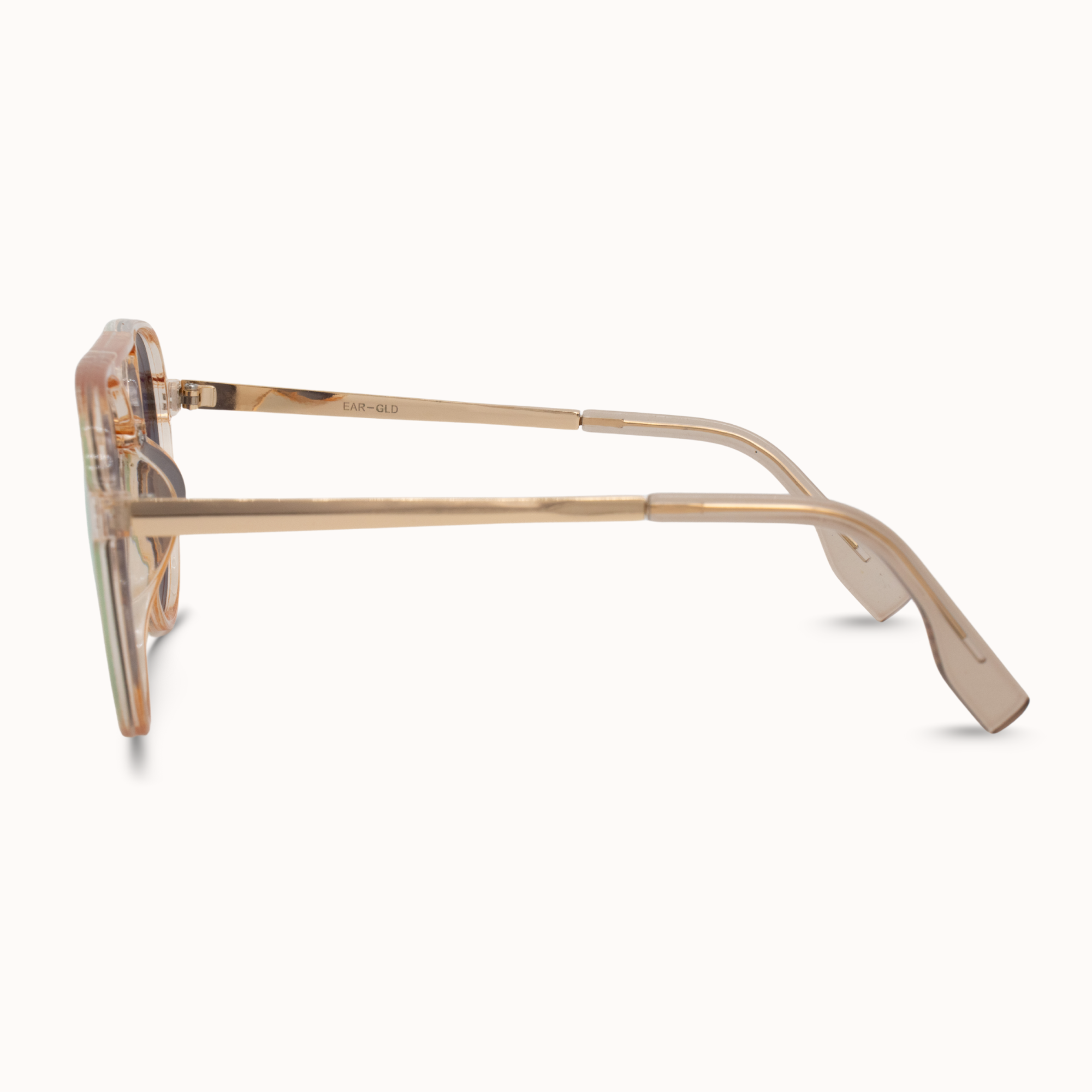Sunglasses with a gold frame on a white background