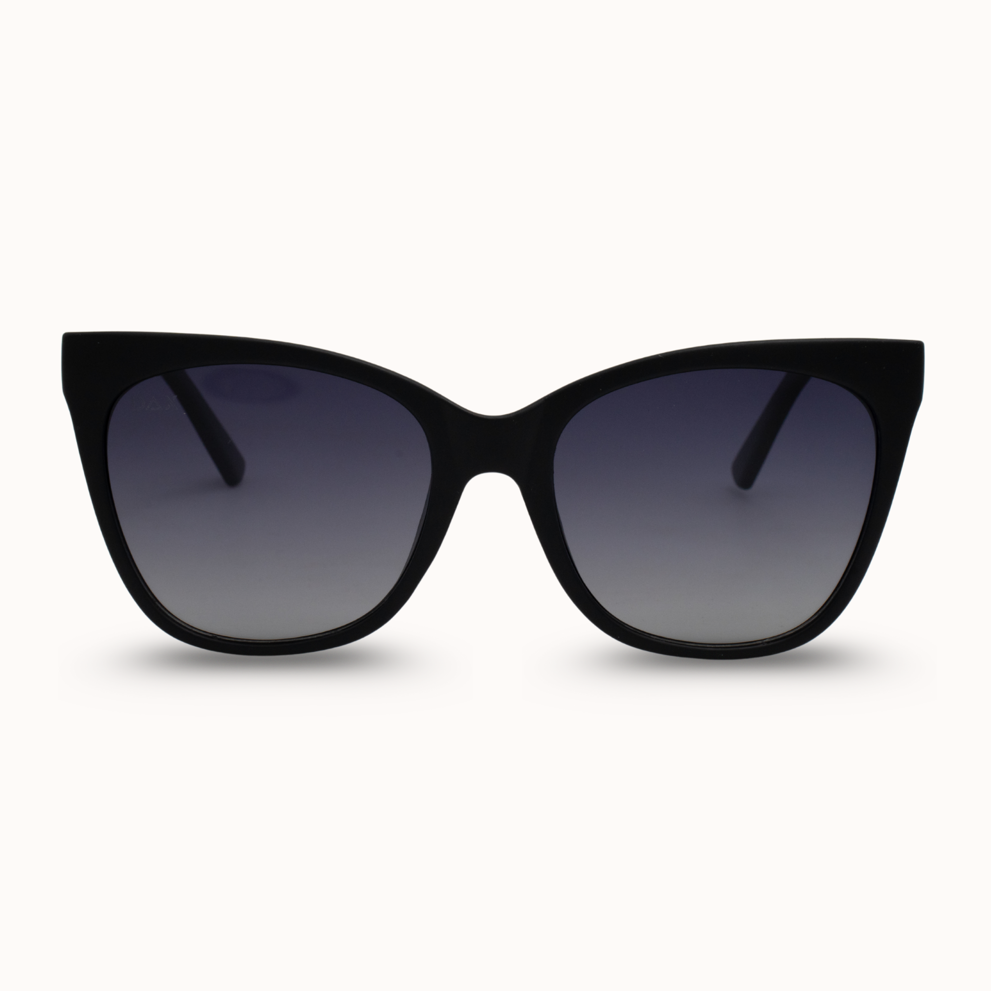 Black cat-eye sunglasses with gradient lenses on a white background