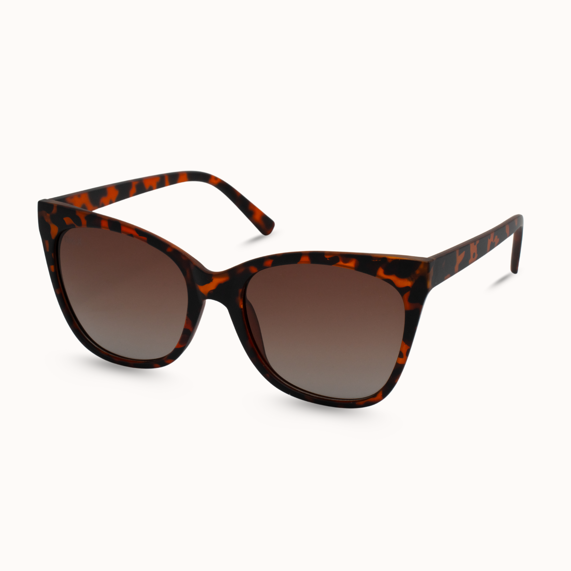 Sunglasses with tortoiseshell frame and brown lenses on a white background