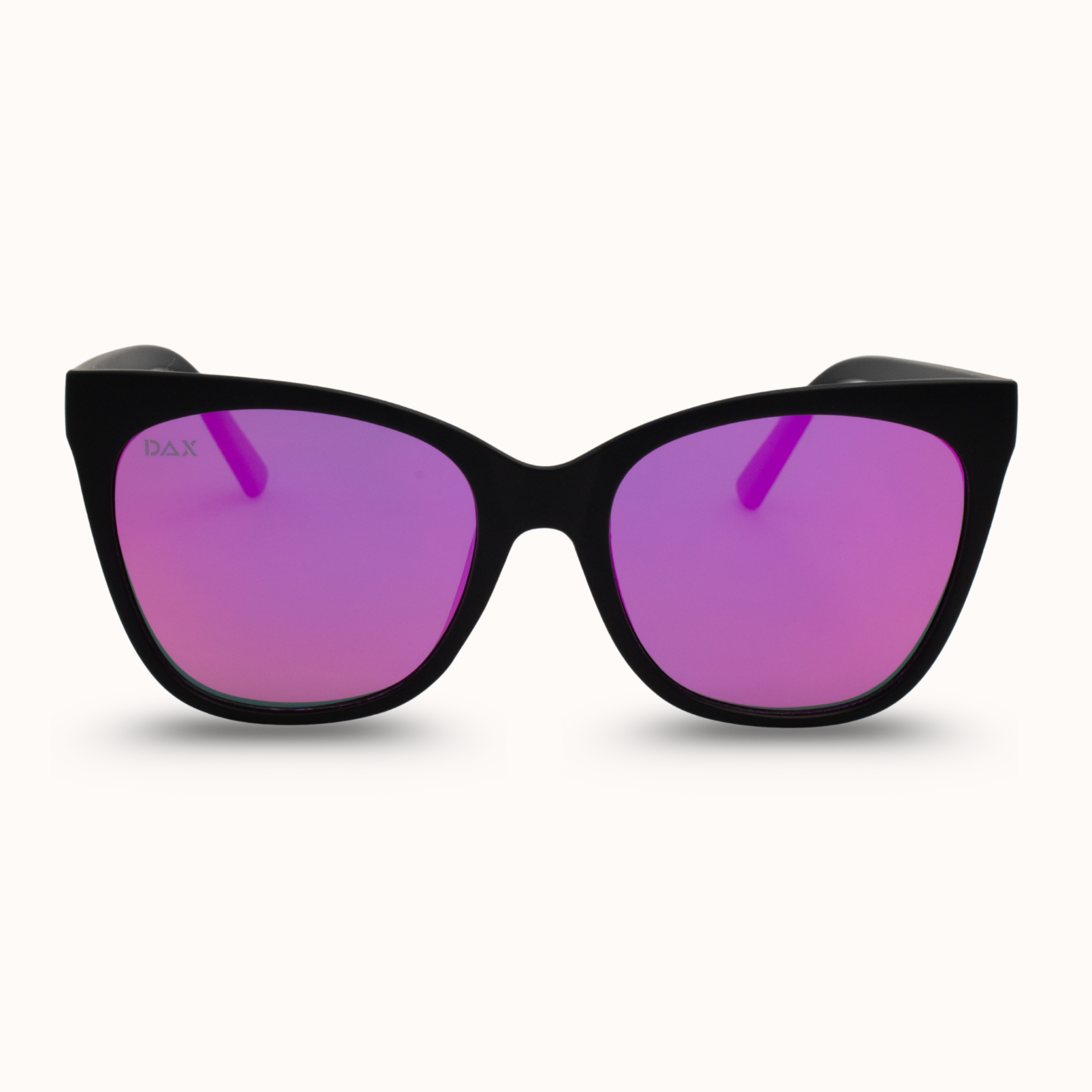 Black cat-eye sunglasses with purple lenses on a white background
