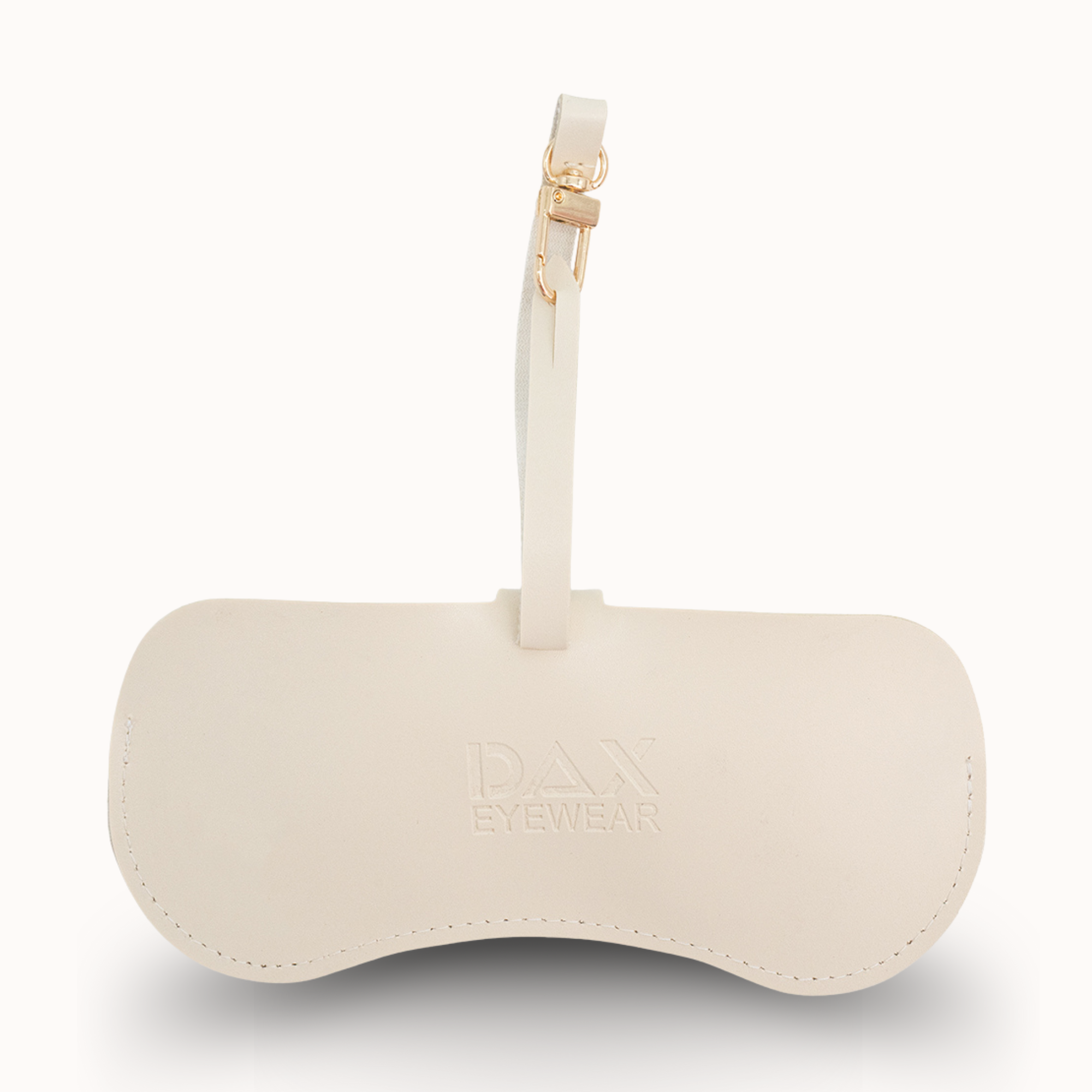 Beige sunglasses case with DAX Eyewear logo on a white background