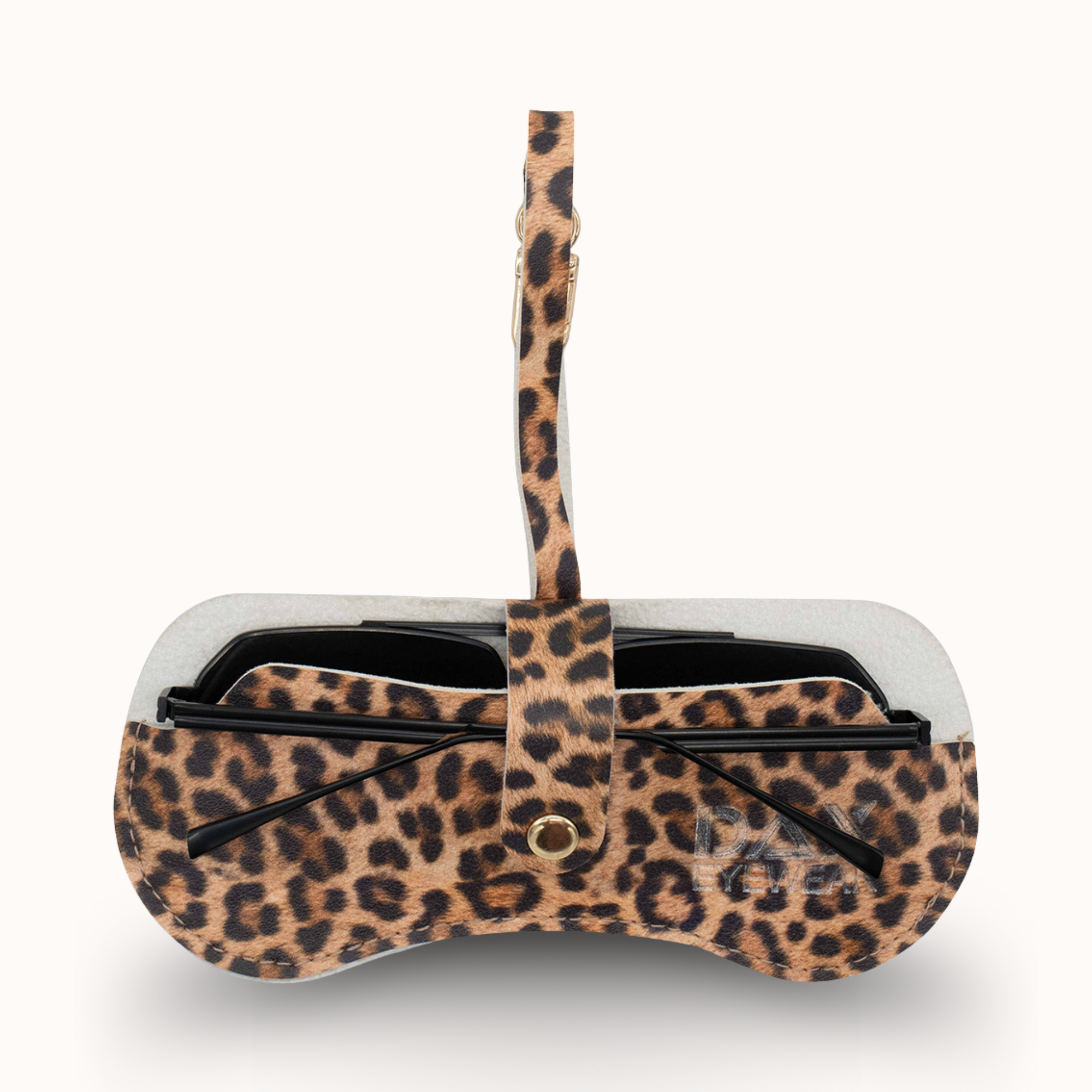 Leopard print sunglasses case with a strap on a white background