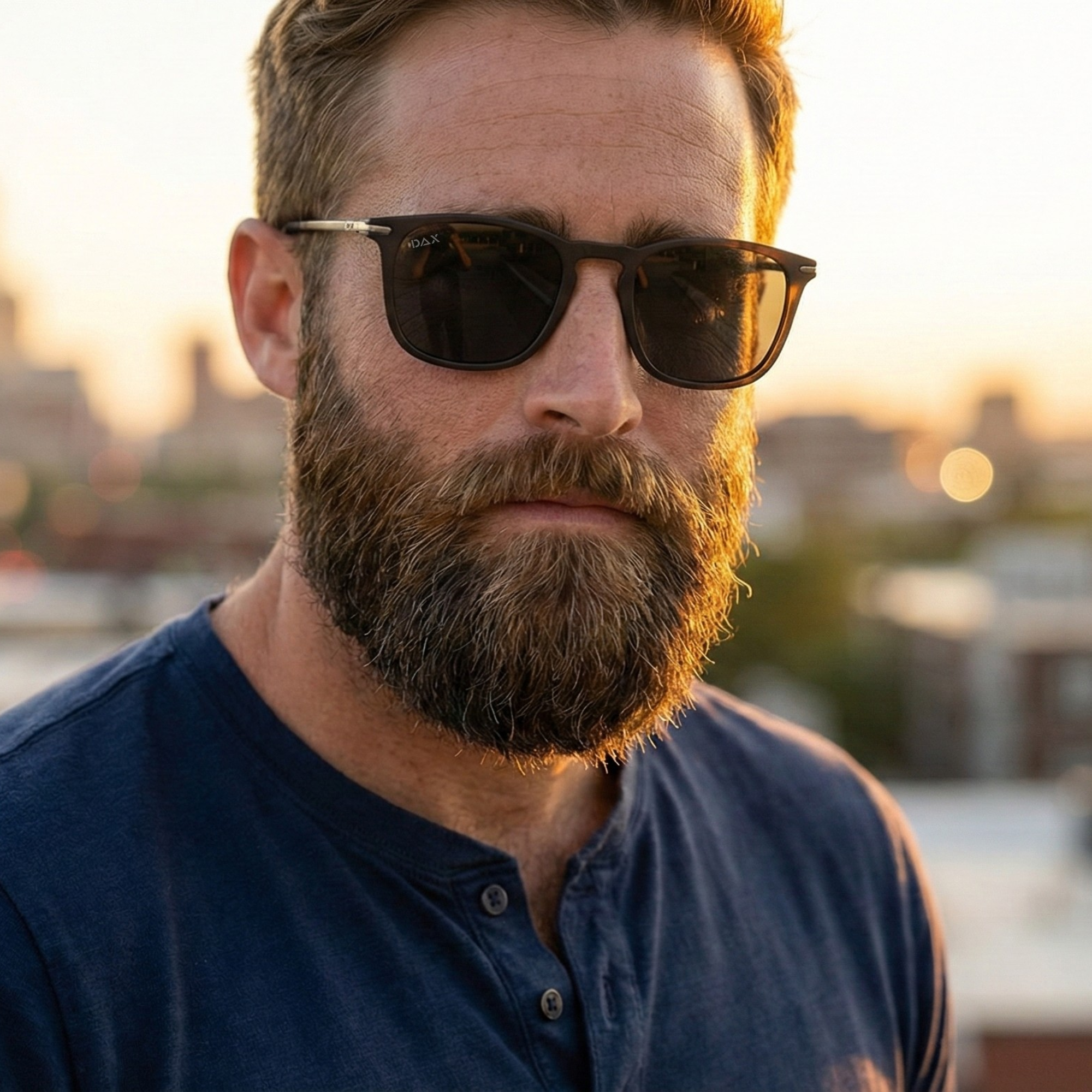 Man wearing sunglasses with a blurred cityscape background during sunset.