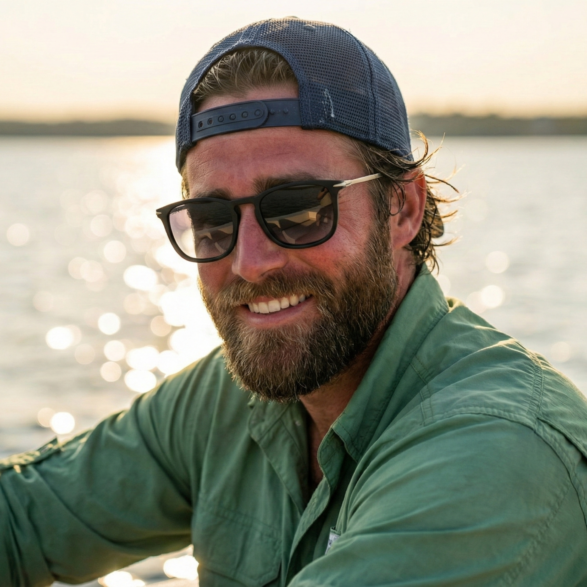 Man wearing sunglasses and a cap by a body of water
