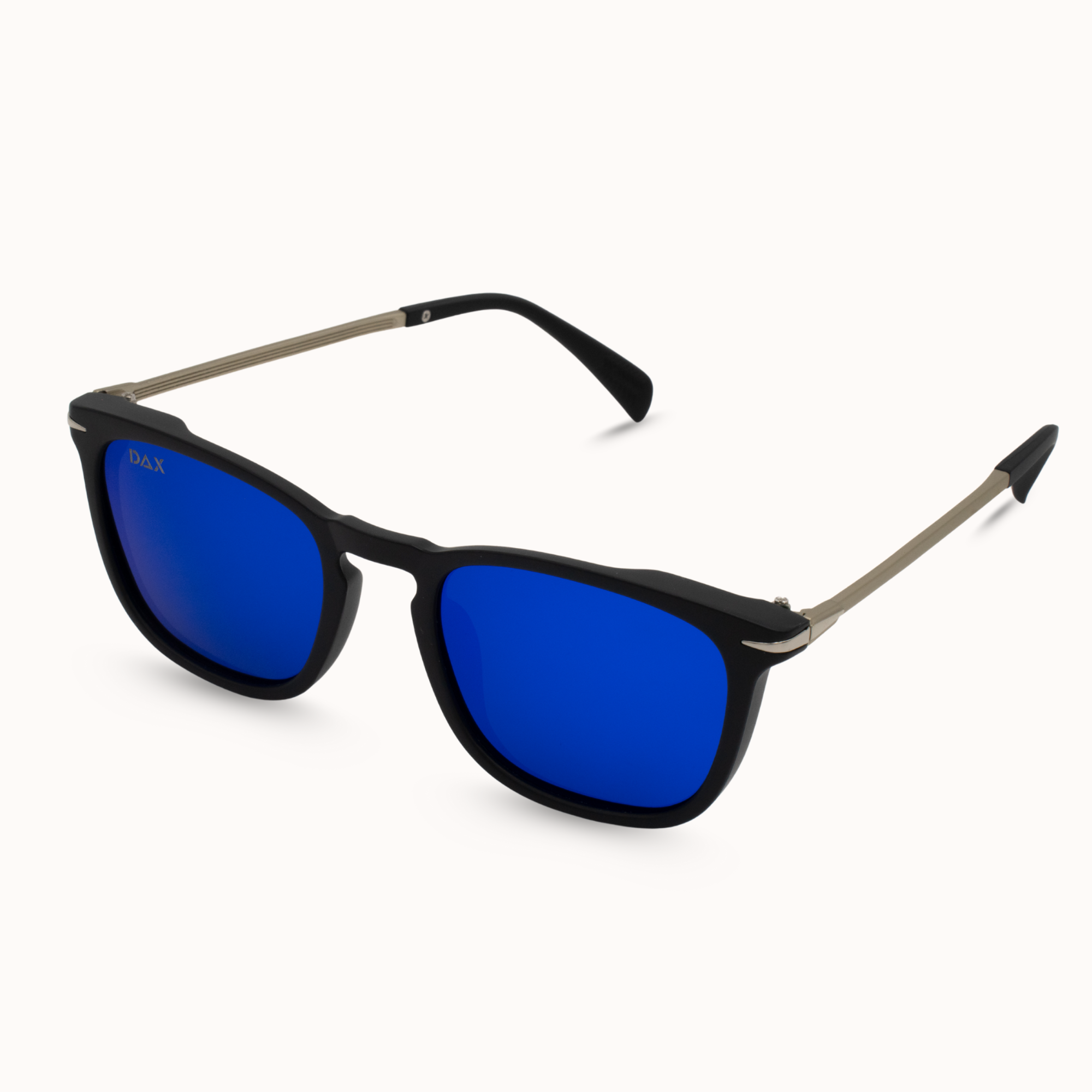 Black sunglasses with blue lenses on a white background
