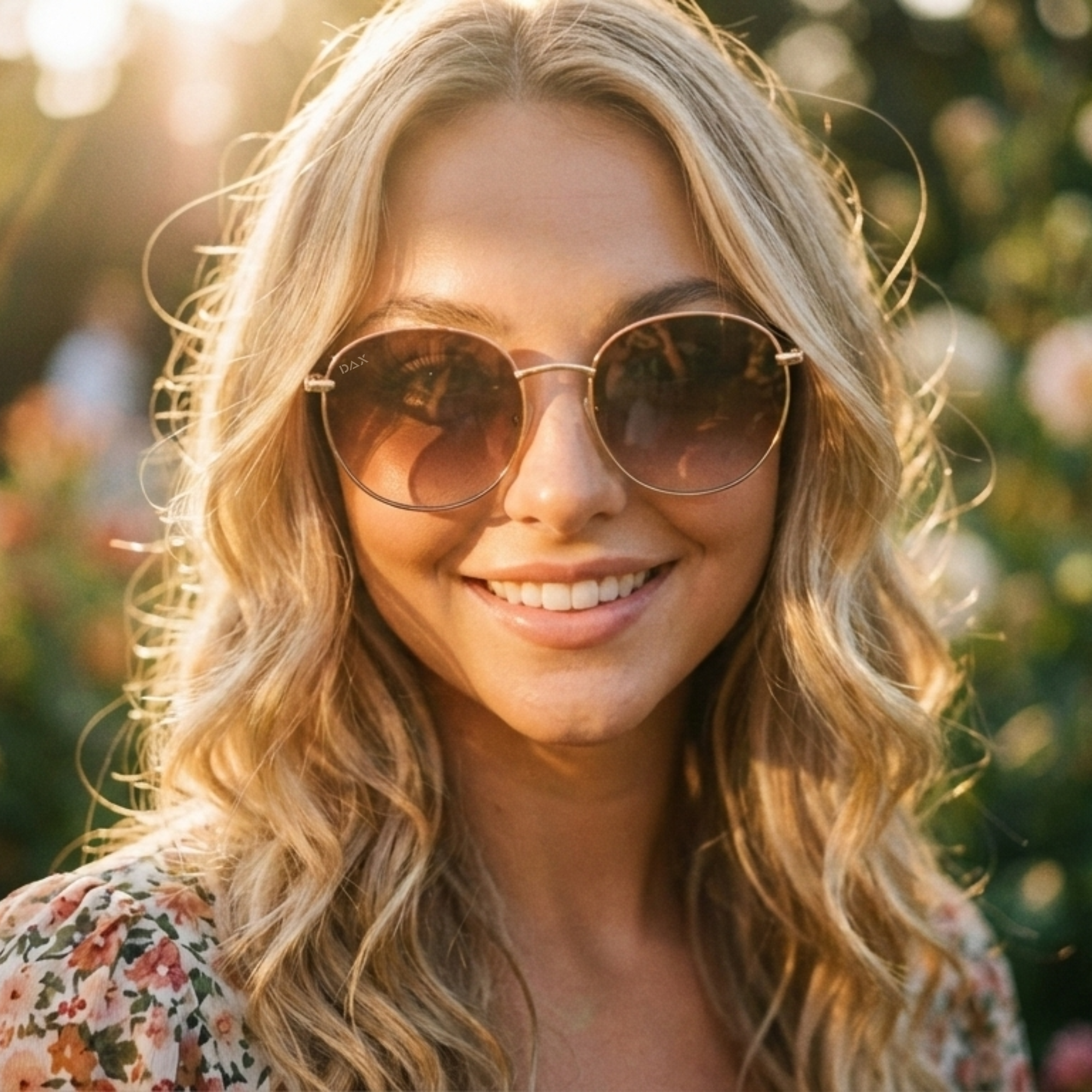 Woman wearing sunglasses with a blurred natural background