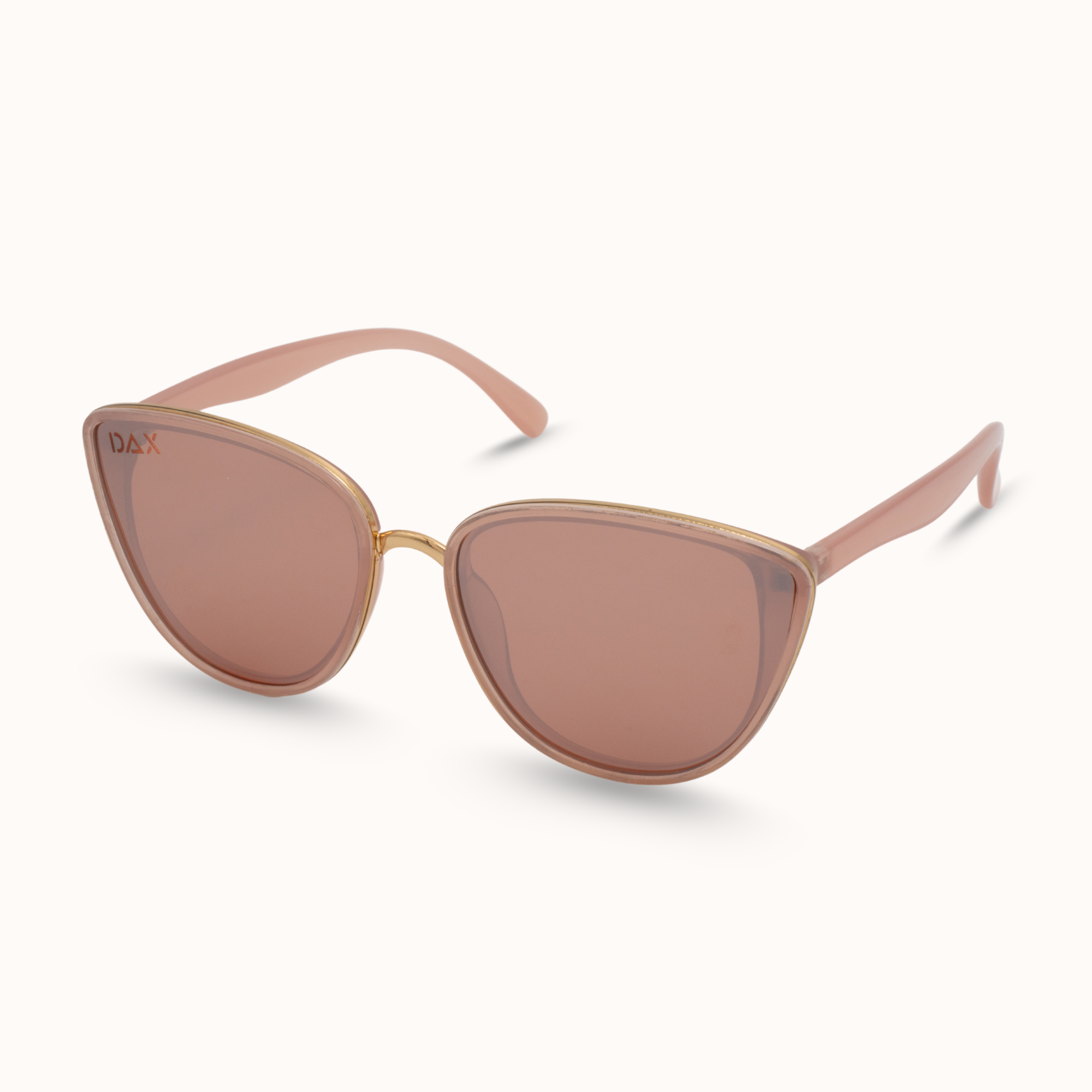 Cat-eye sunglasses with rose gold frame and brown lenses on a white background