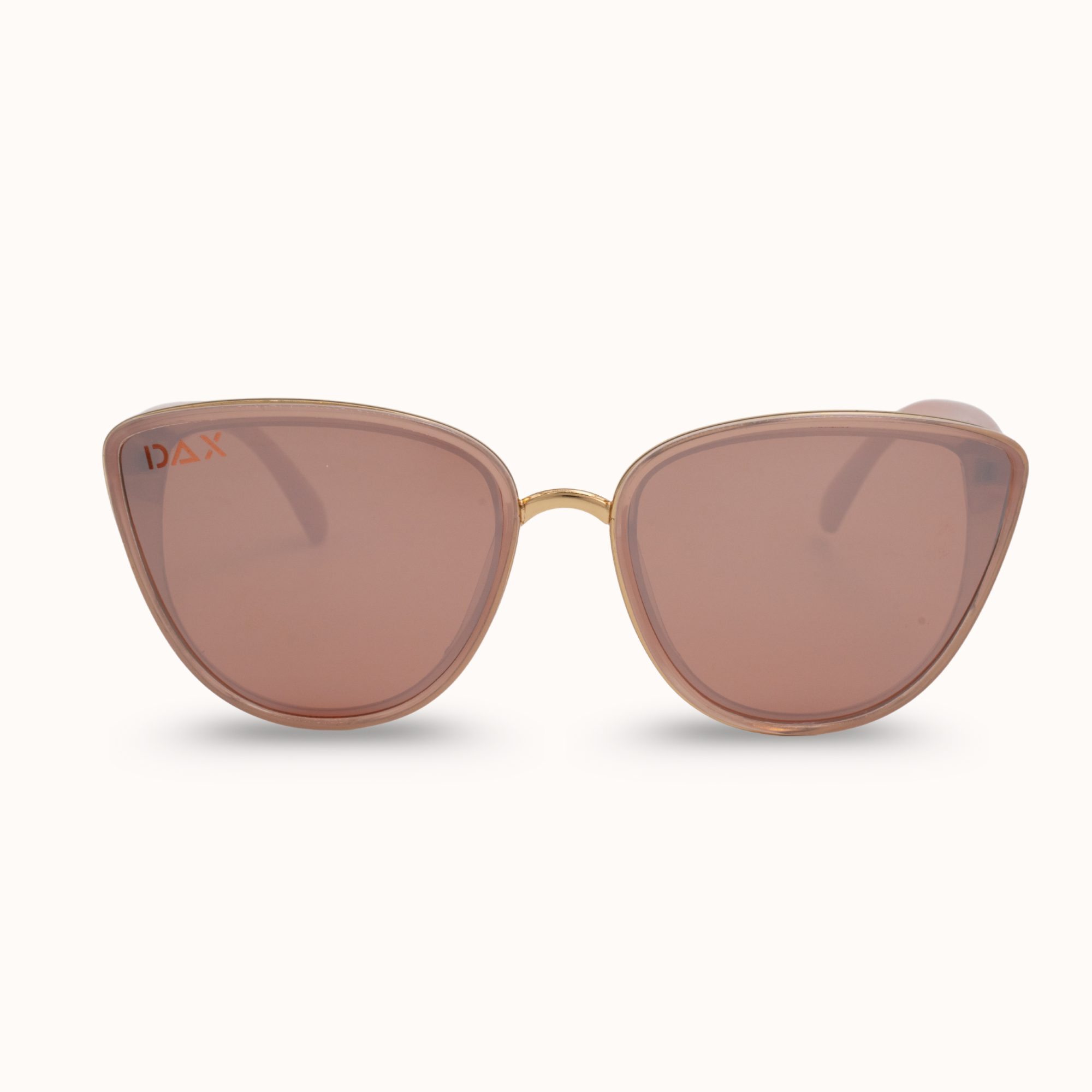 Cat-eye sunglasses with brown lenses on a white background