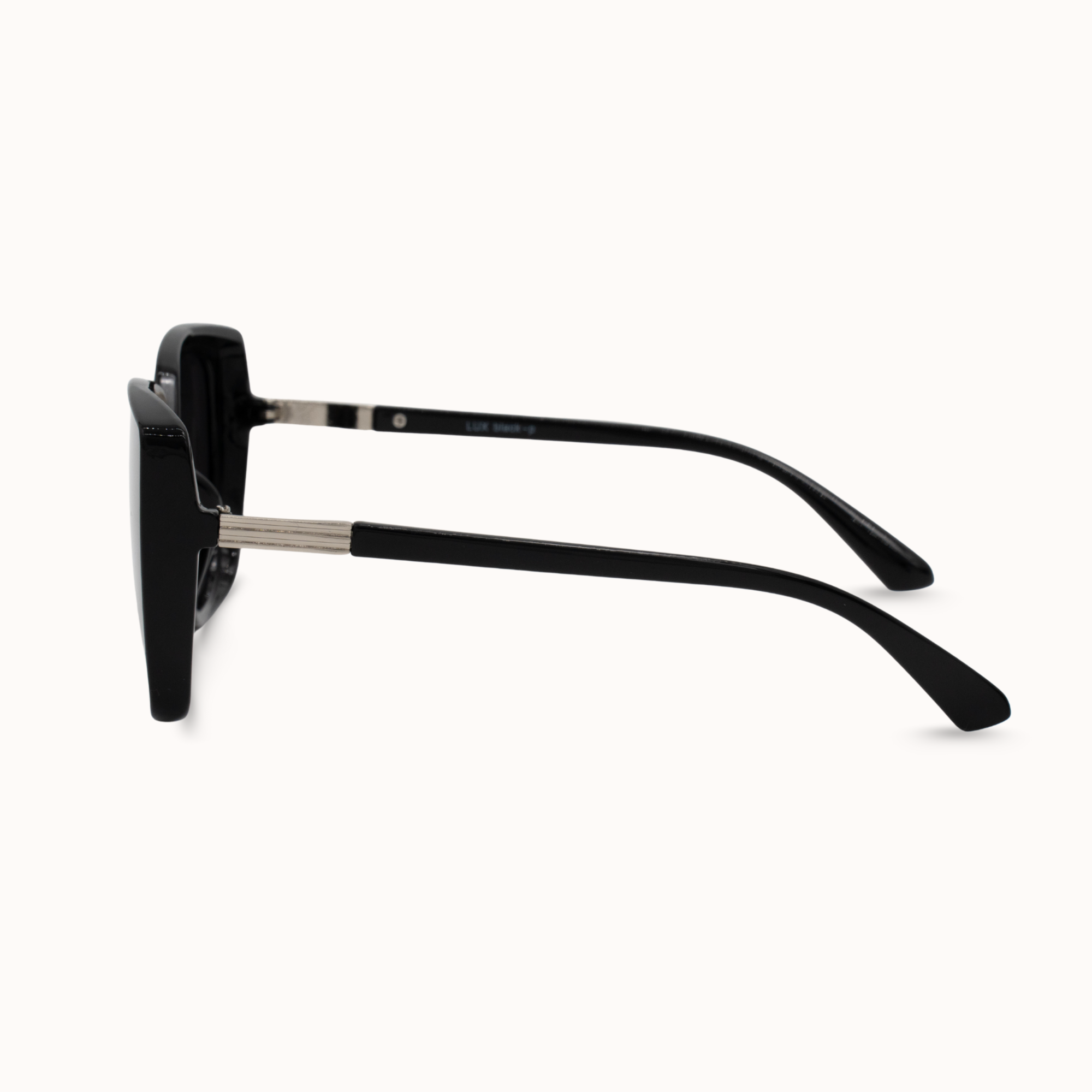 Black sunglasses with thin black arms on a white background