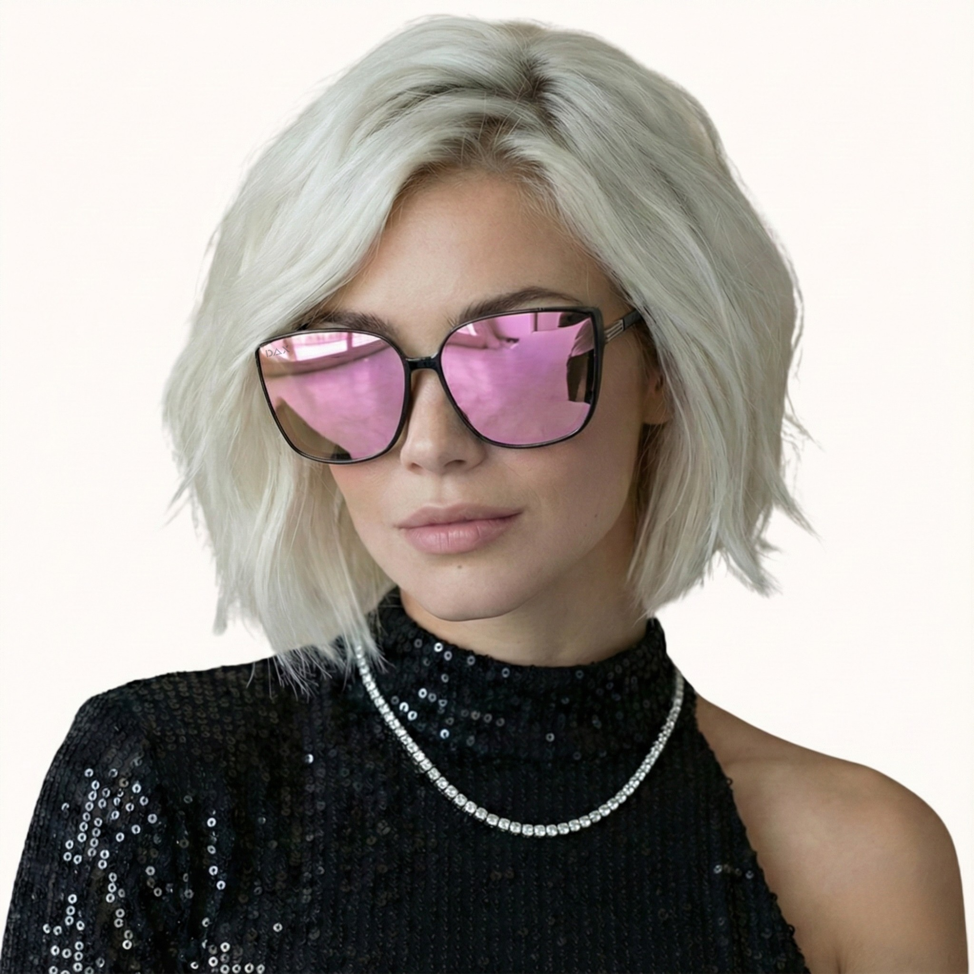 Person with short blonde hair wearing pink-tinted sunglasses and a black sequin top.