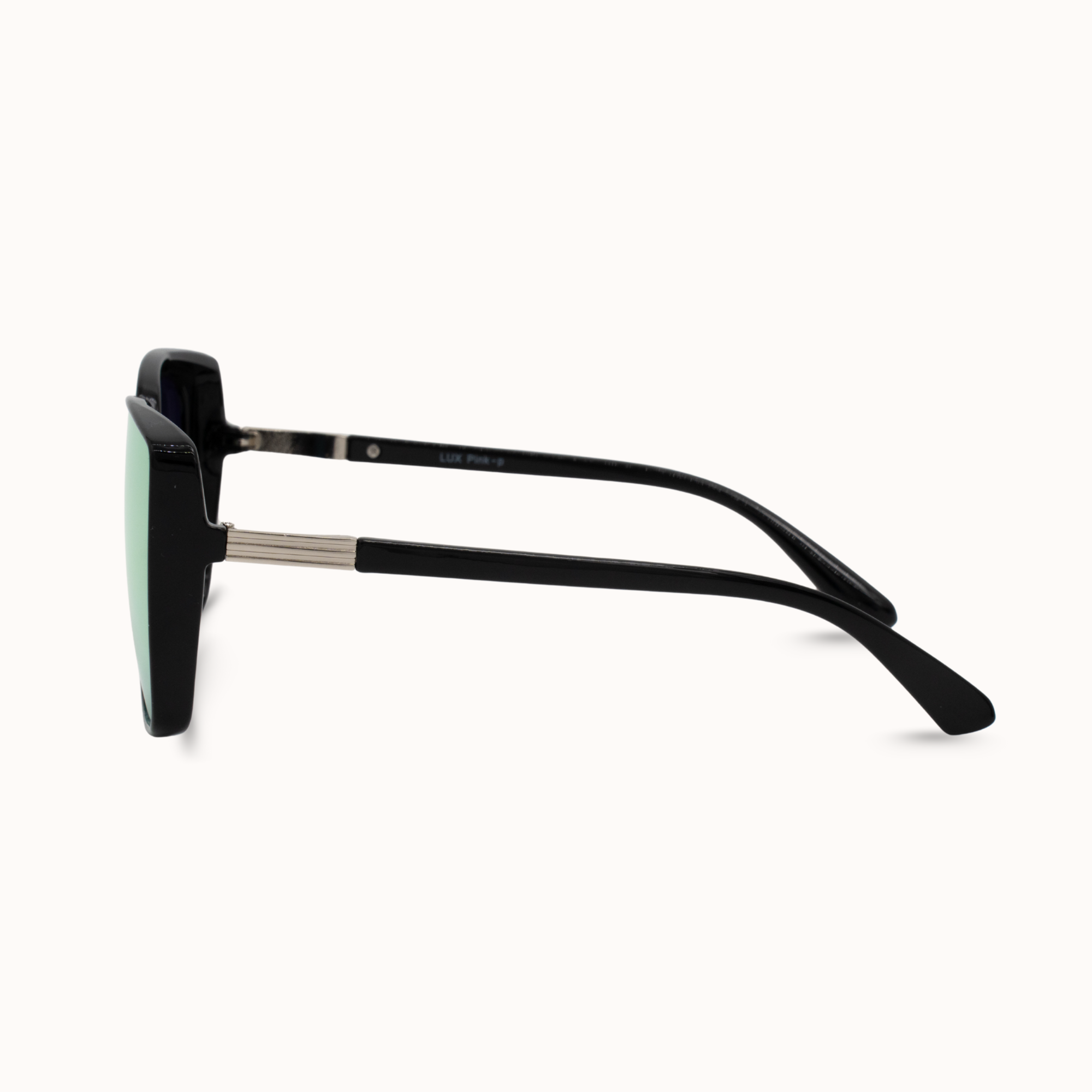 Sunglasses with black frame and green lenses on a white background