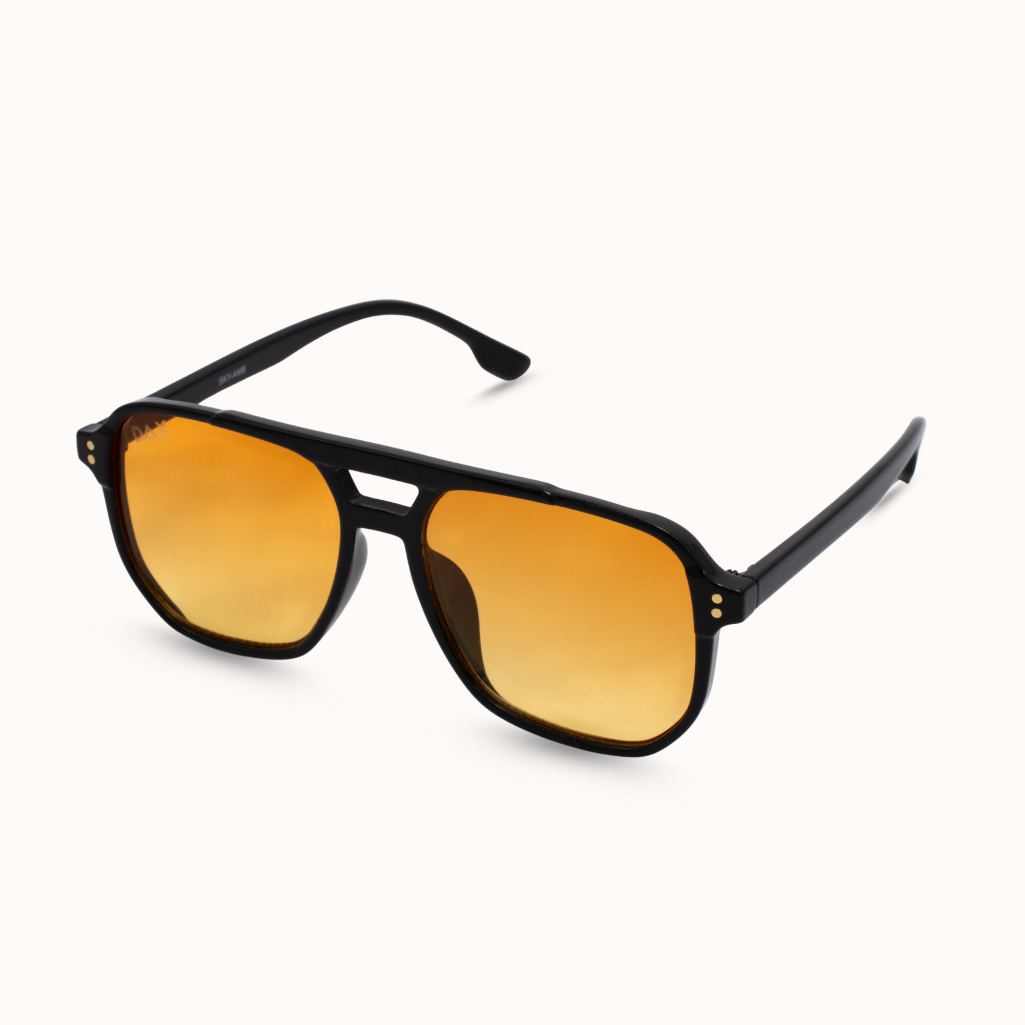 Sunglasses with black frame and orange lenses on a white background