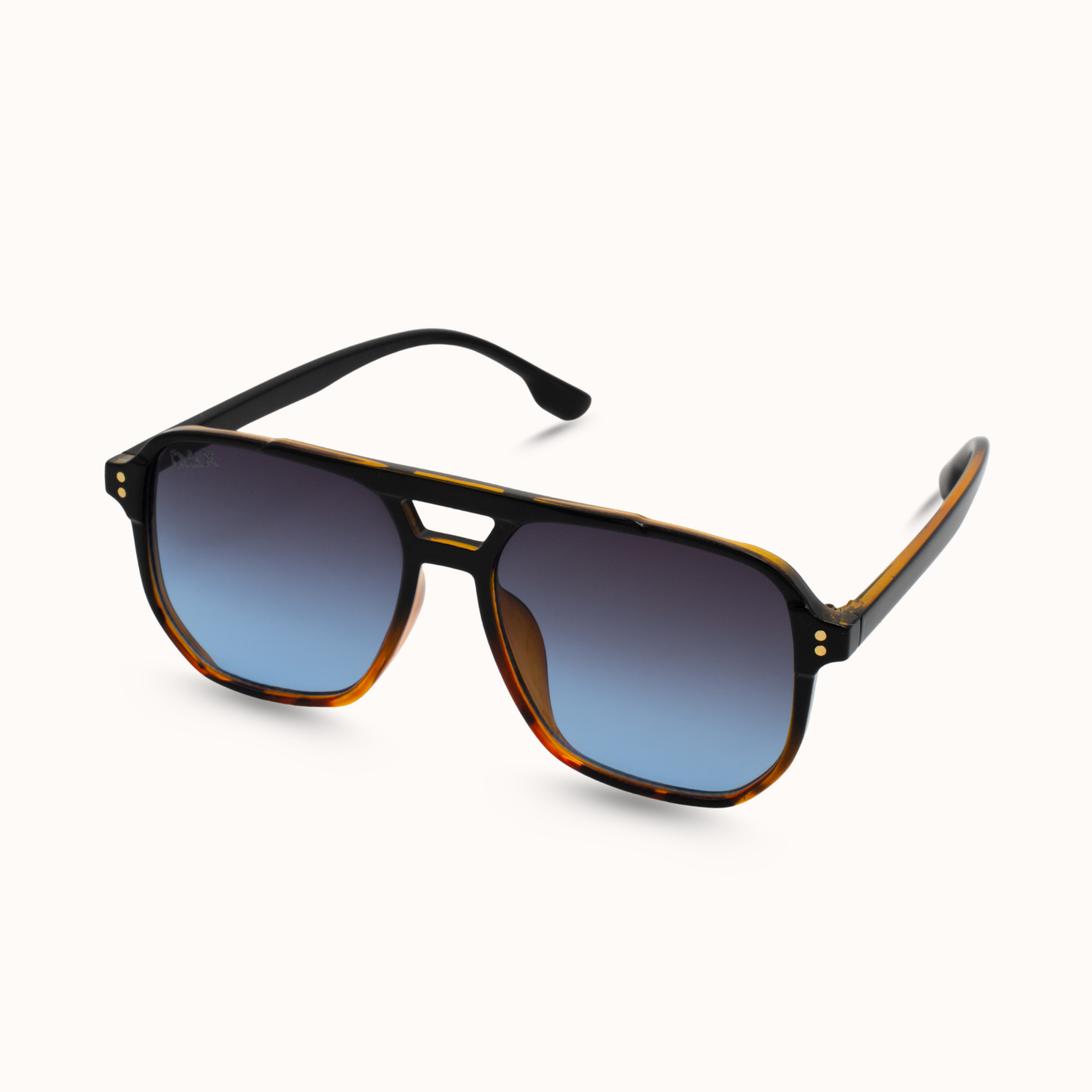Sunglasses with a gradient blue lens on a white background