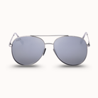 Round sunglasses with silver frame and reflective lenses on a white background