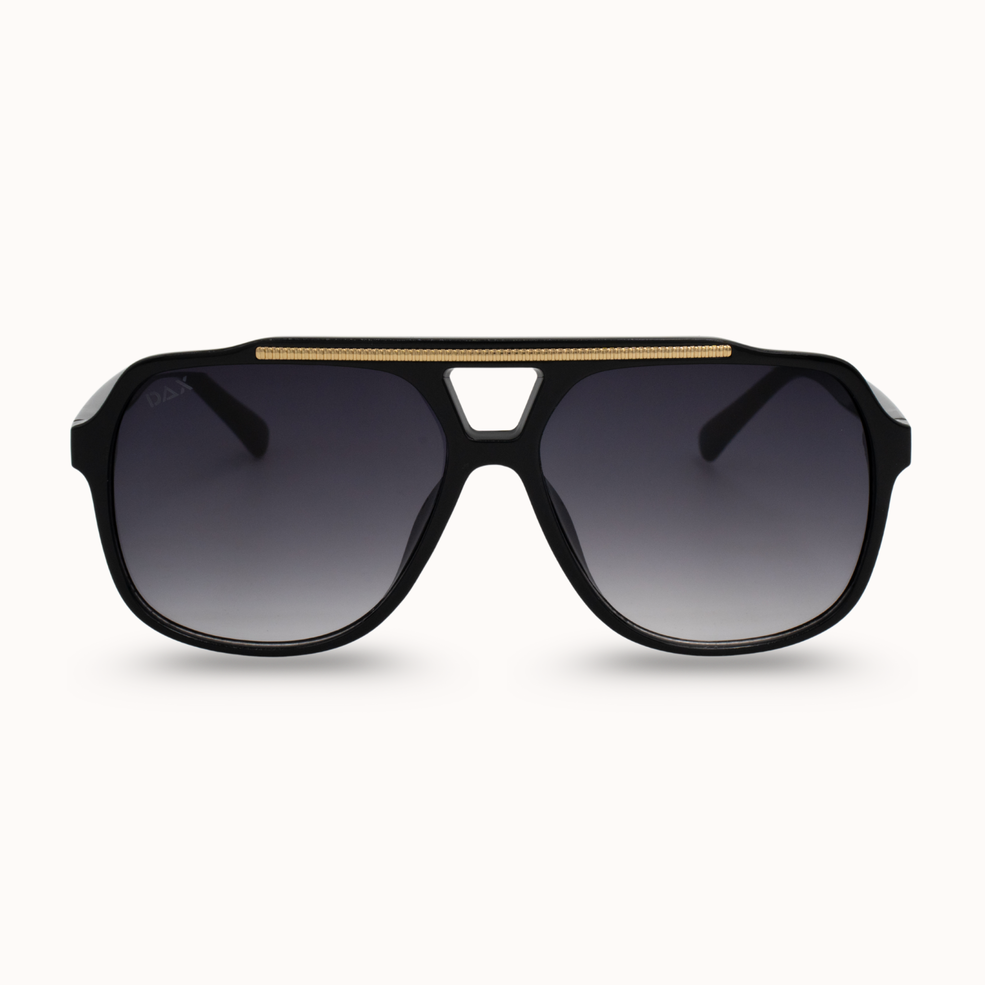 Black sunglasses with gold accents on a white background