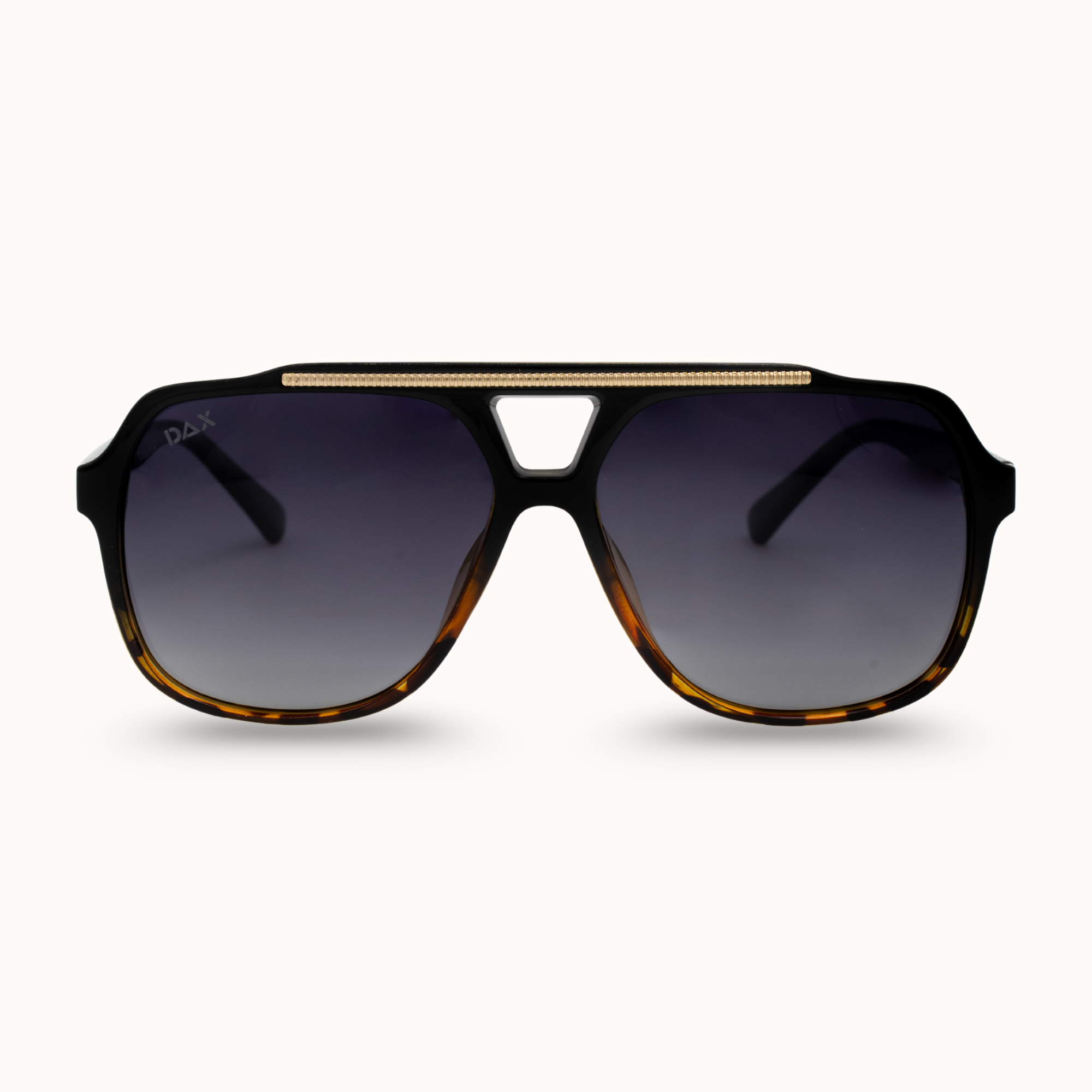 Sunglasses with a black and gold frame on a white background