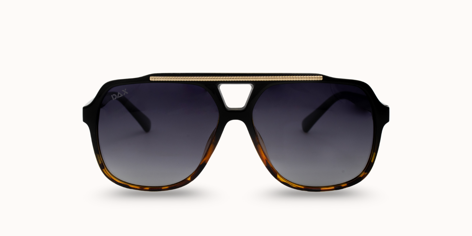 Sunglasses with a tortoiseshell frame and dark lenses on a white background