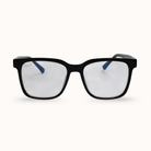 Black-framed glasses with blue temple tips on a white background