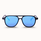 Sunglasses with blue lenses and black frame on a white background