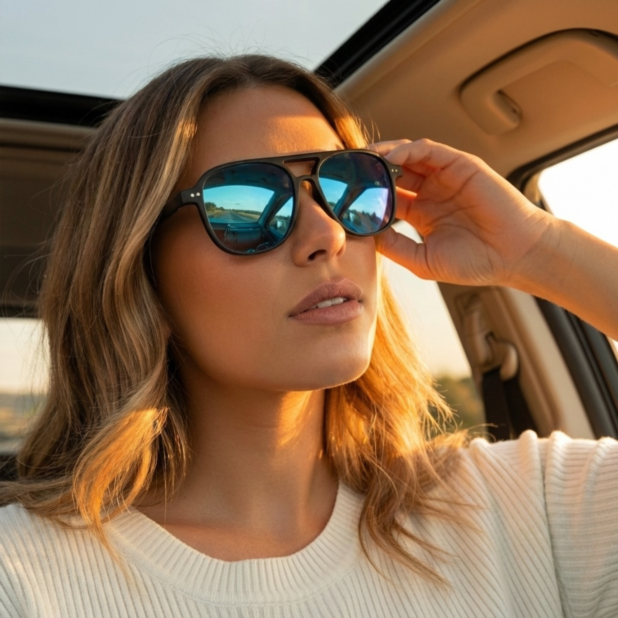 Woman wearing sunglasses inside a car with a scenic reflection.