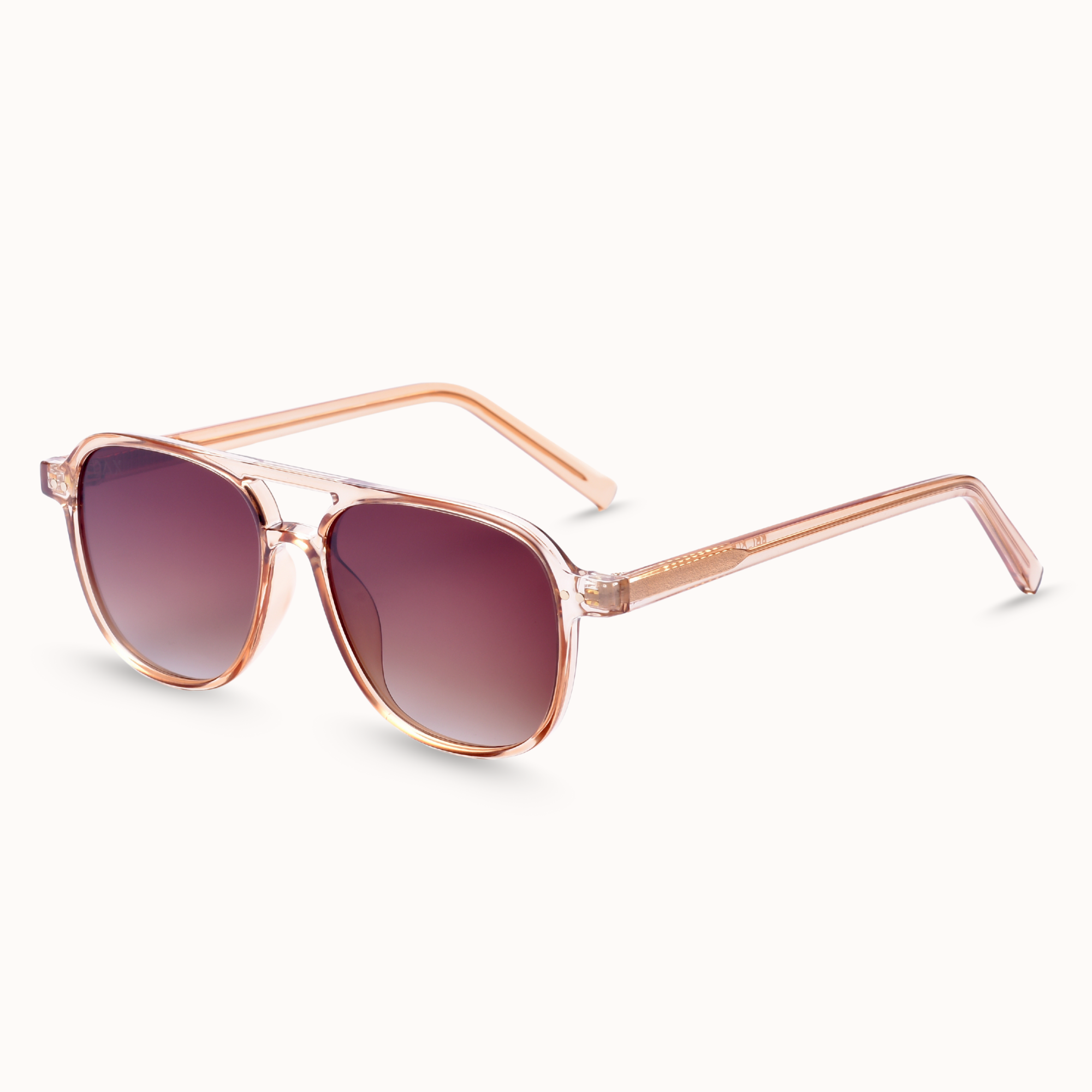 Sunglasses with tan frame and gradient lenses on a white background