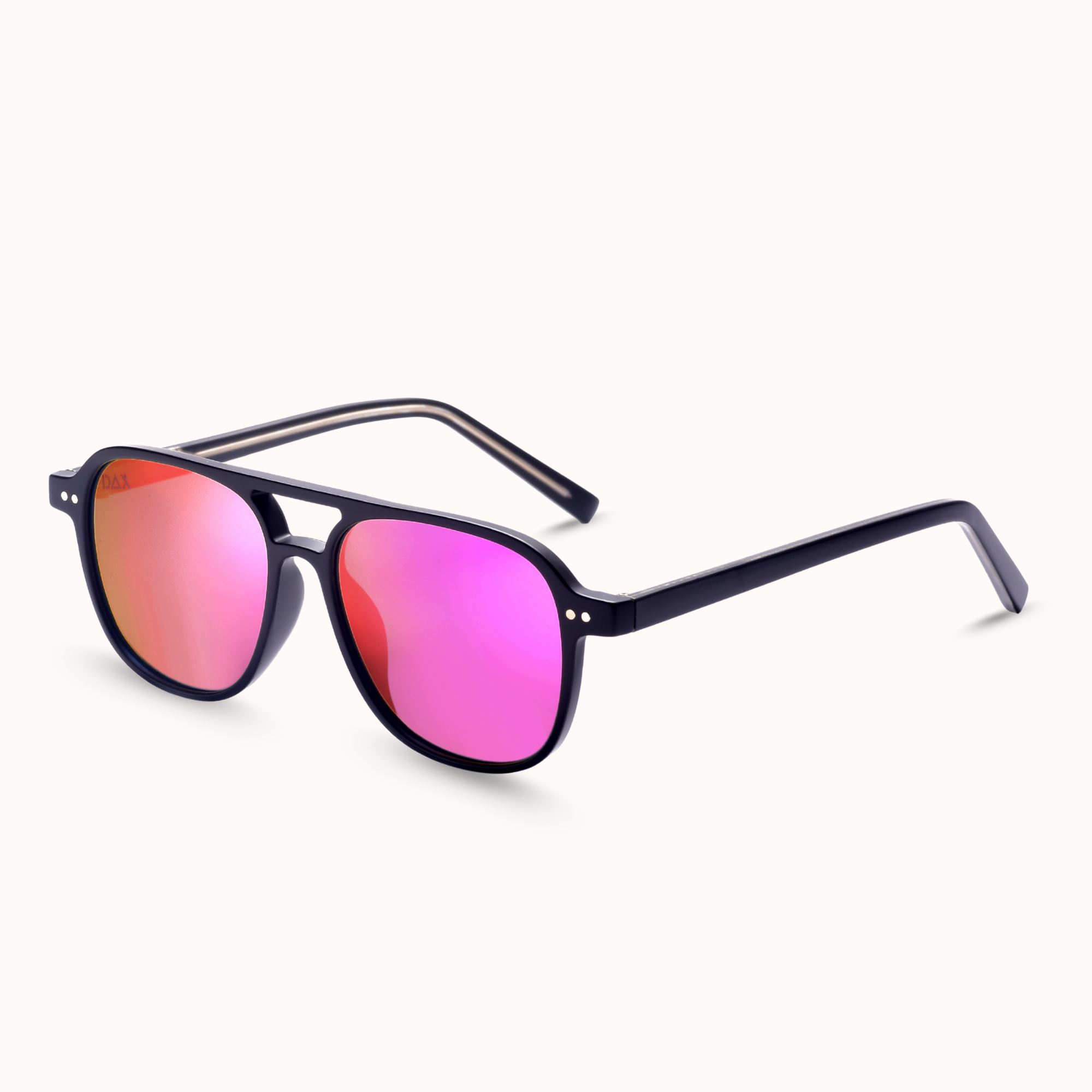 Sunglasses with pink lenses and black frame on a white background