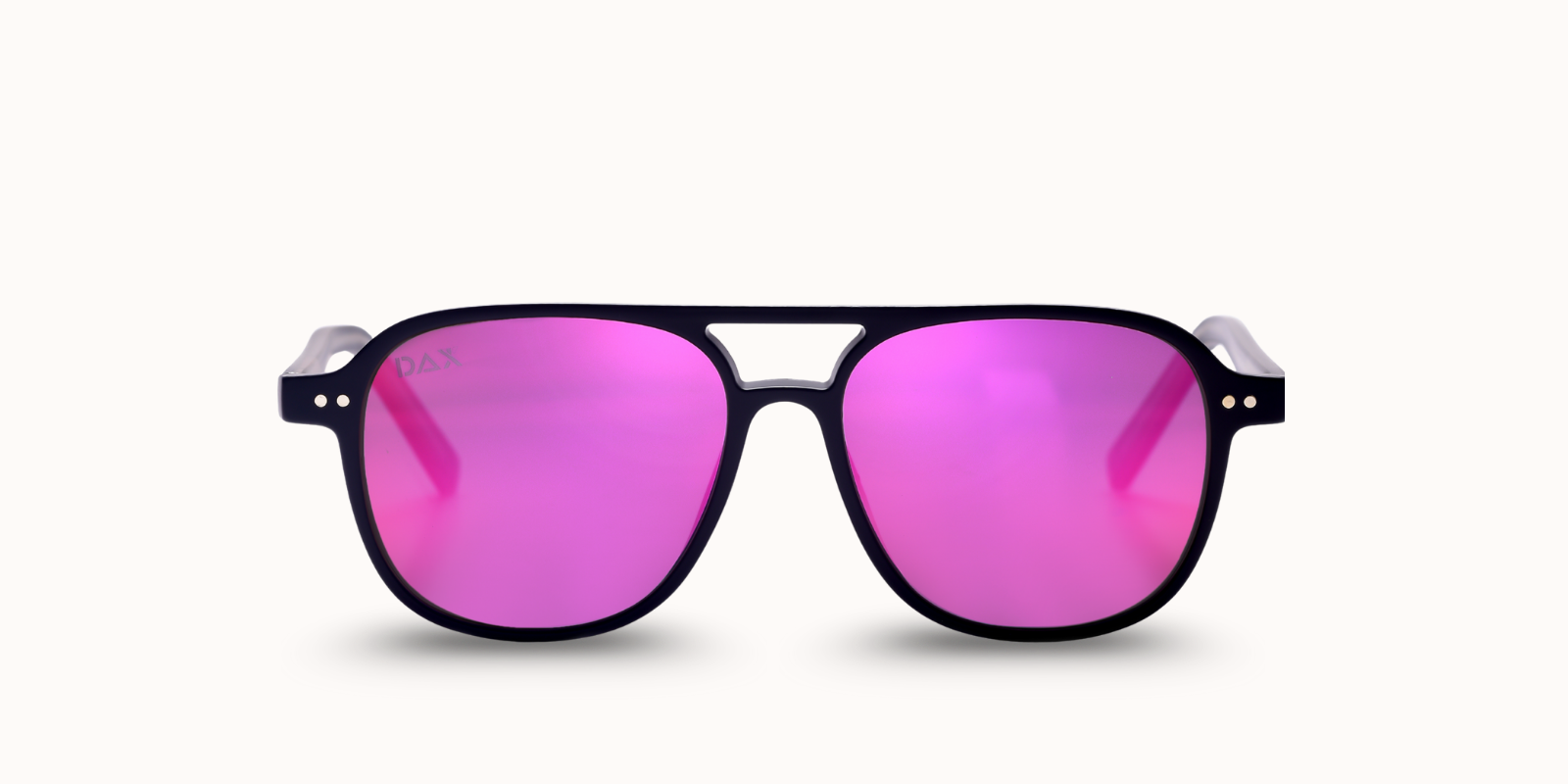 Sunglasses with pink lenses on a white background