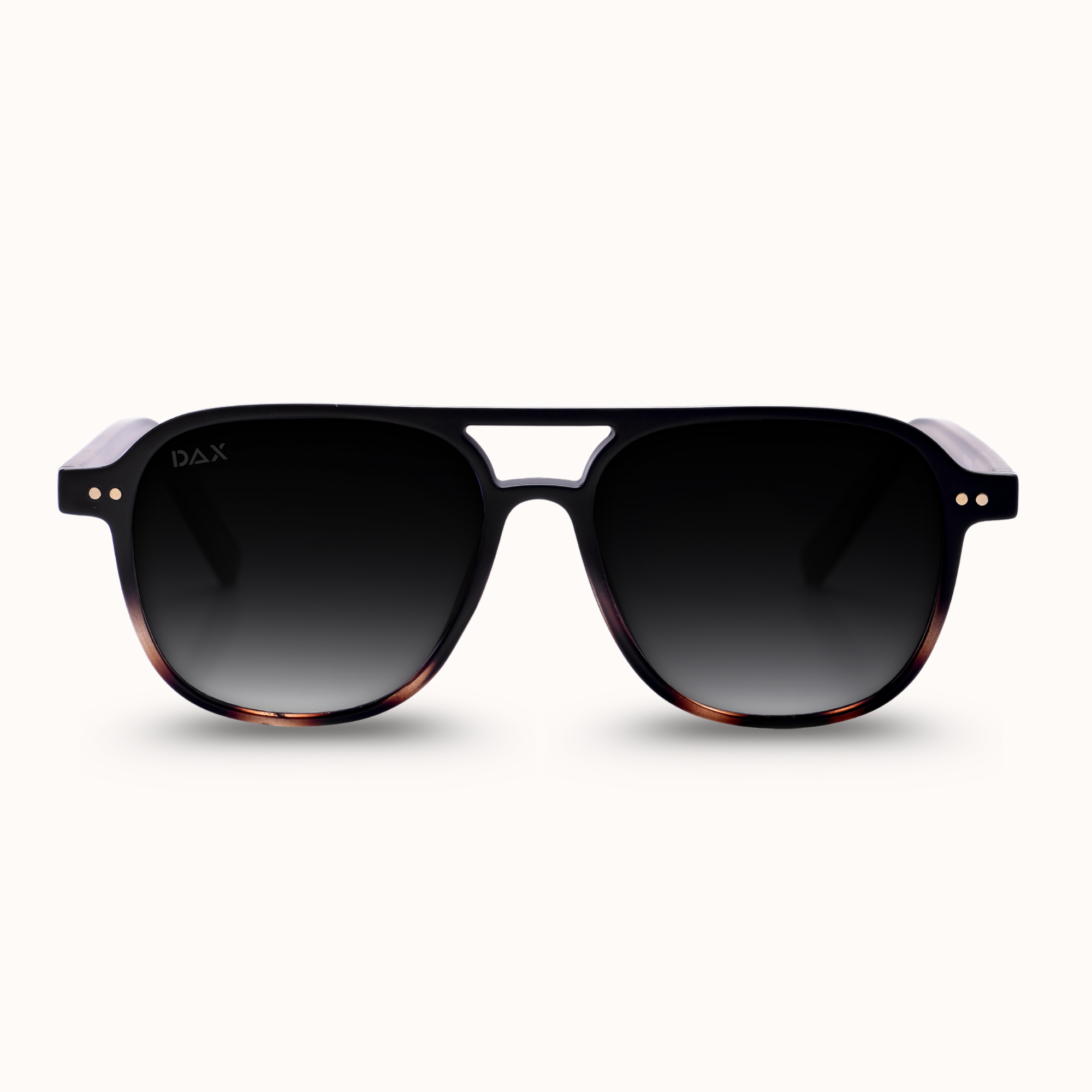 Sunglasses with a black frame and gradient lenses on a white background