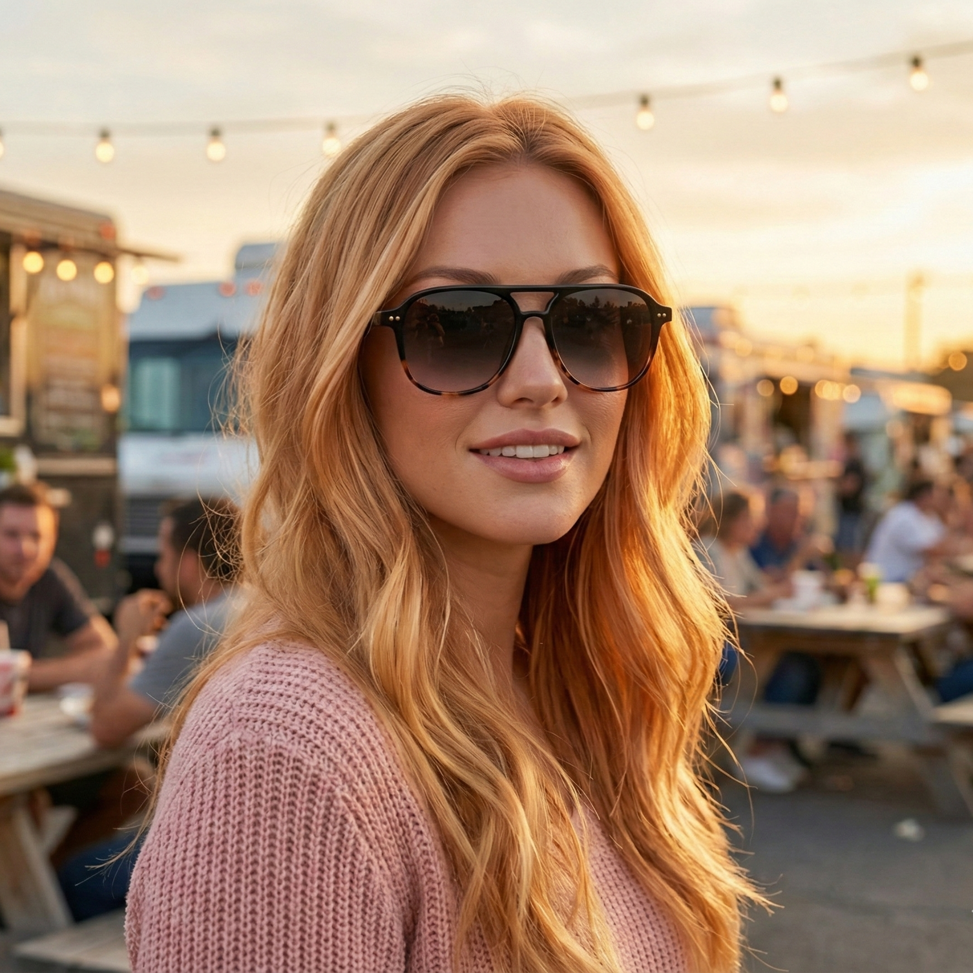 Woman wearing sunglasses in an outdoor setting with people and food trucks in the background