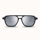 A pair of square aviator-style sunglasses with a black double-bridge frame and mirrored silver lenses, shown against a light off-white background.