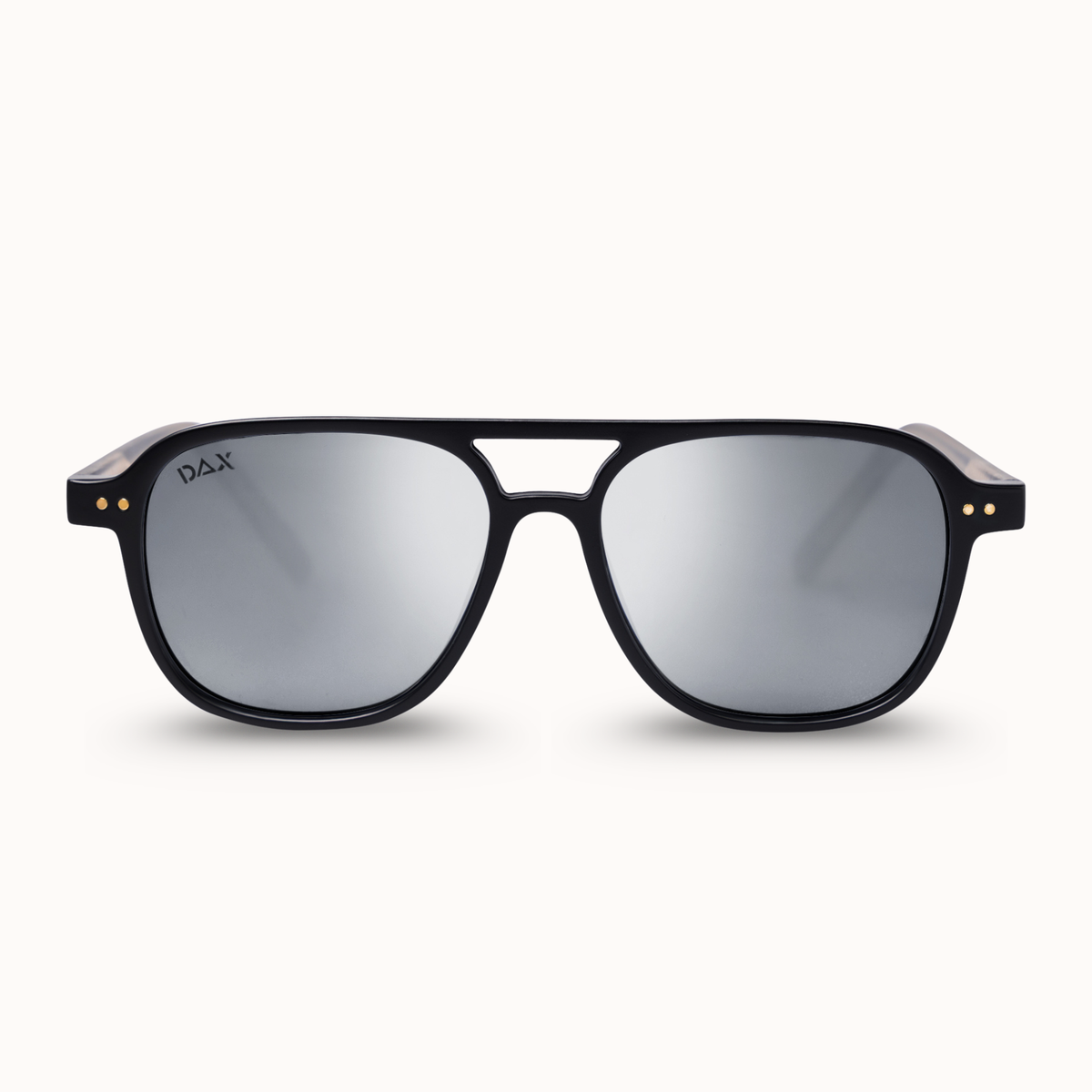 A pair of square aviator-style sunglasses with a black double-bridge frame and mirrored silver lenses, shown against a light off-white background.