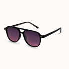 Black sunglasses with purple lenses on a white background