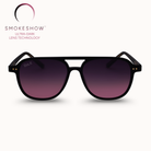 Black sunglasses with gradient purple lenses on a white background, featuring the Smokeshow brand.